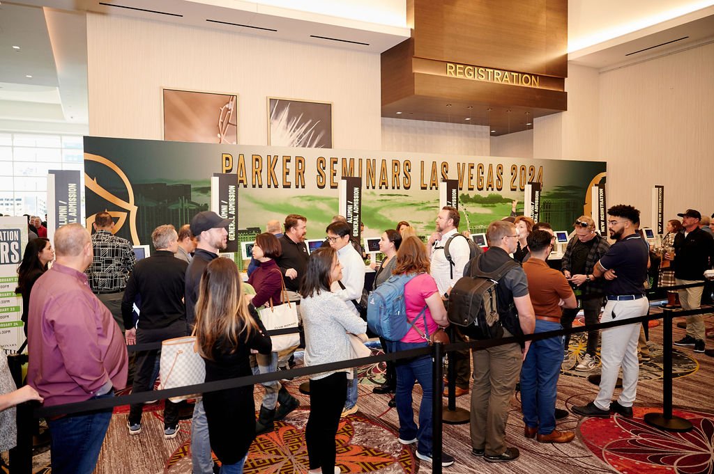 Registration backdrop, counters, and flags for our Las Vegas seminar