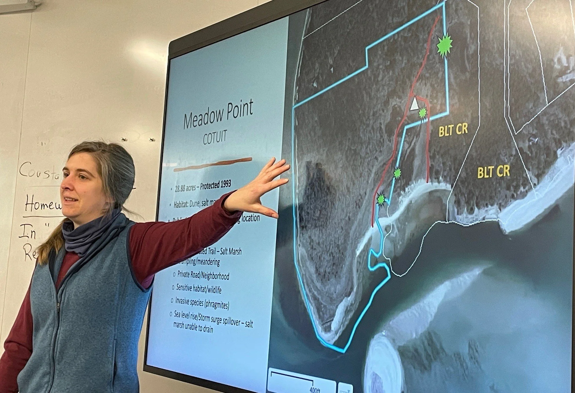 Kelly and Sue were back in Professor Gil Newton&rsquo;s Coastal Ecology Management class this year at Cape Cod Community College! Director of Land Stewardship Kelly Barber shared real-world case studies from BLT&rsquo;s coastal properties, highlighti