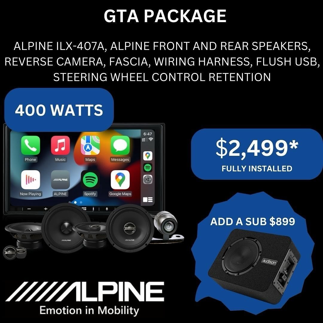 Upgrade your driving experience with our comprehensive sound system package!

Experience the ultimate in-car entertainment with the Alpine ILX-407A radio, boasting Apple CarPlay, Android Auto, Bluetooth, and DAB radio functionalities. The Alpine spea