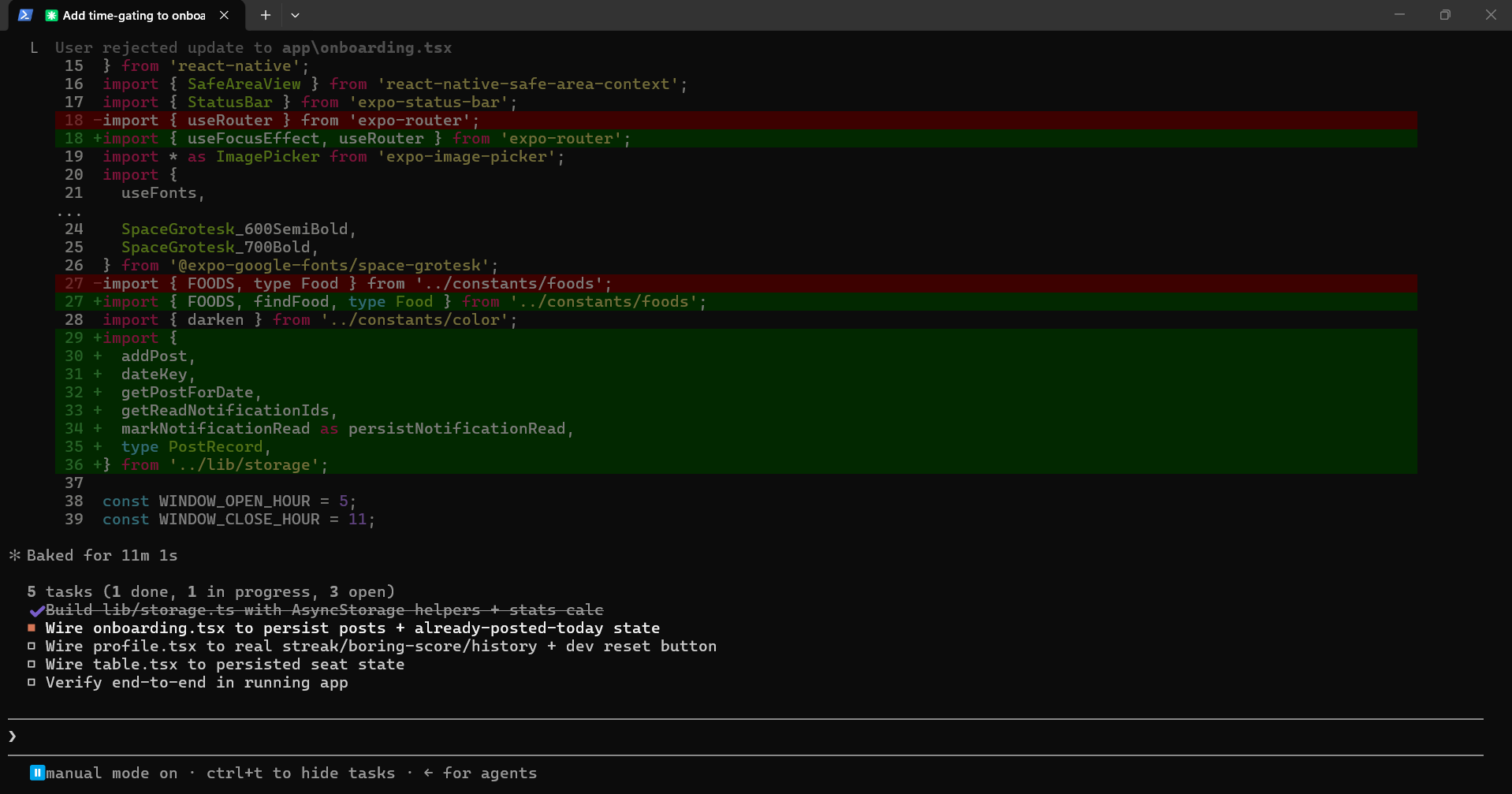 Screenshot of a computer screen displaying code in a text editor with highlighted syntax, along with a terminal showing build tasks and status messages.