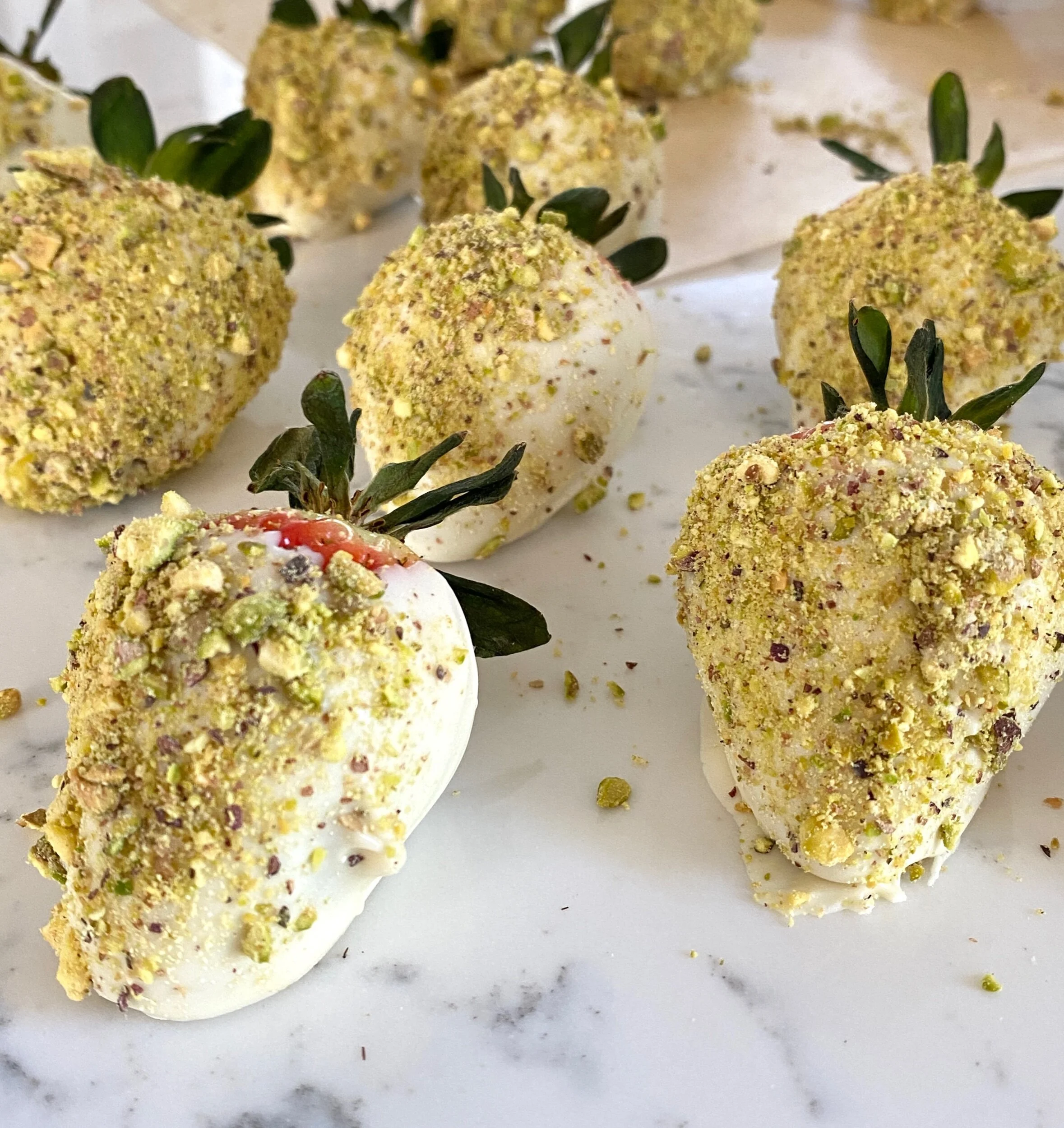 White Chocolate Dipped Strawberries Topped W/Pistachios