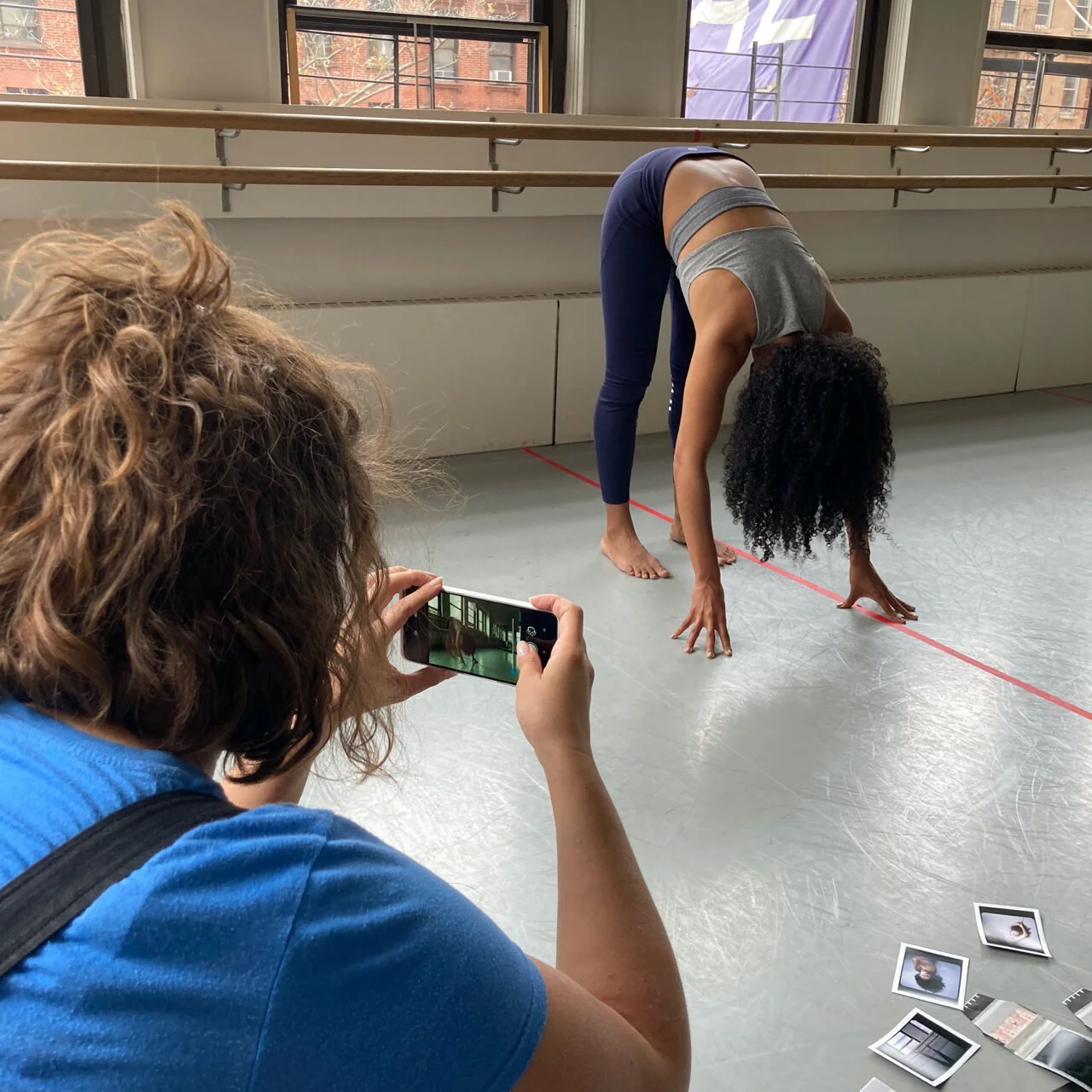 Sara shooting with the CAI-enabled prototype device, for a project about a dancer returning to the studio after months in quarantine.