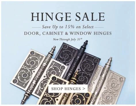 Decorative brass hinges laid on a blue background, and overlapping each other. They have a decorative design and pointy finials. Text reads, "Hinge Sale."