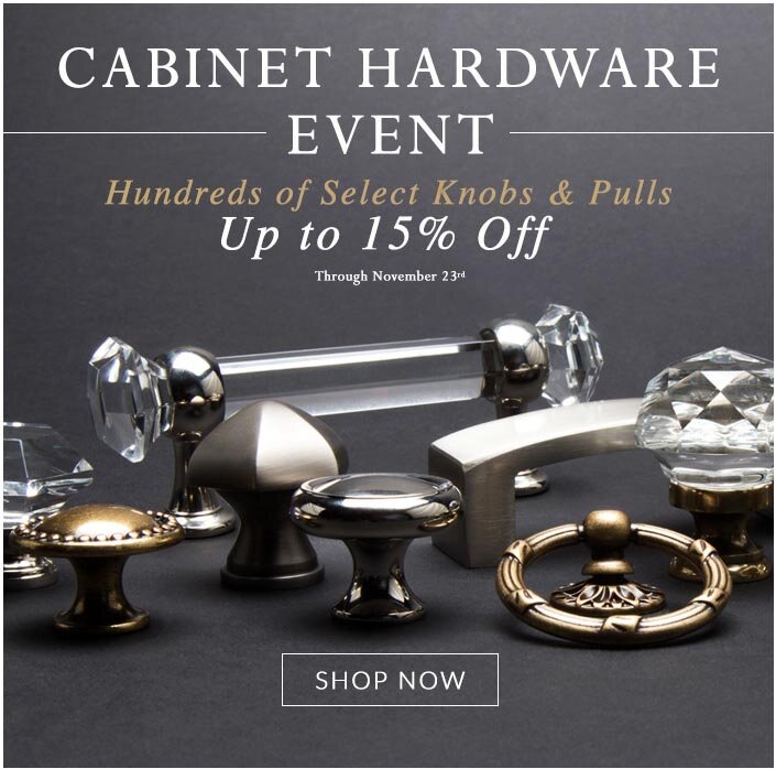 An image of cabinet and drawer pulls made of metal and glass in antique styles on a grey background. Above them are the words, "Cabinet Hardware Event."