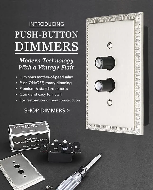 A tear sheet for push-button dimmers with mother-of-pearl inlay in the buttons. Seen in the upper right installed in a matte silver switch cover. In the bottom left of the image is a dimmer, switch plate cover, screw driver, screws, and box, all on a