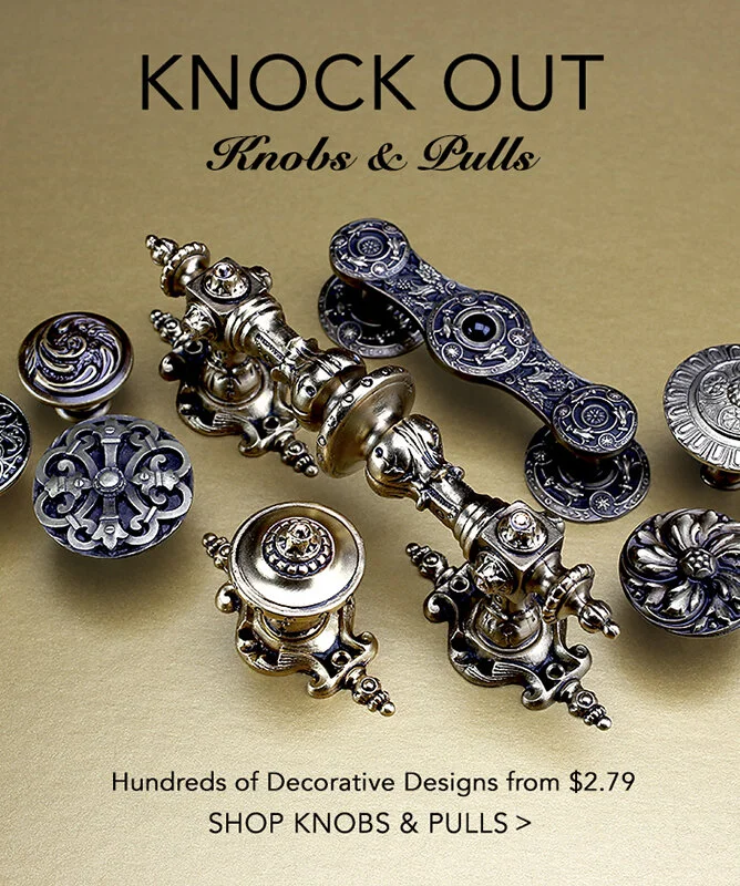 An image of cabinet and drawer pulls made of metal in antique styles on a gold background. Above them are the words, "Knock Out Knobs & Pulls."