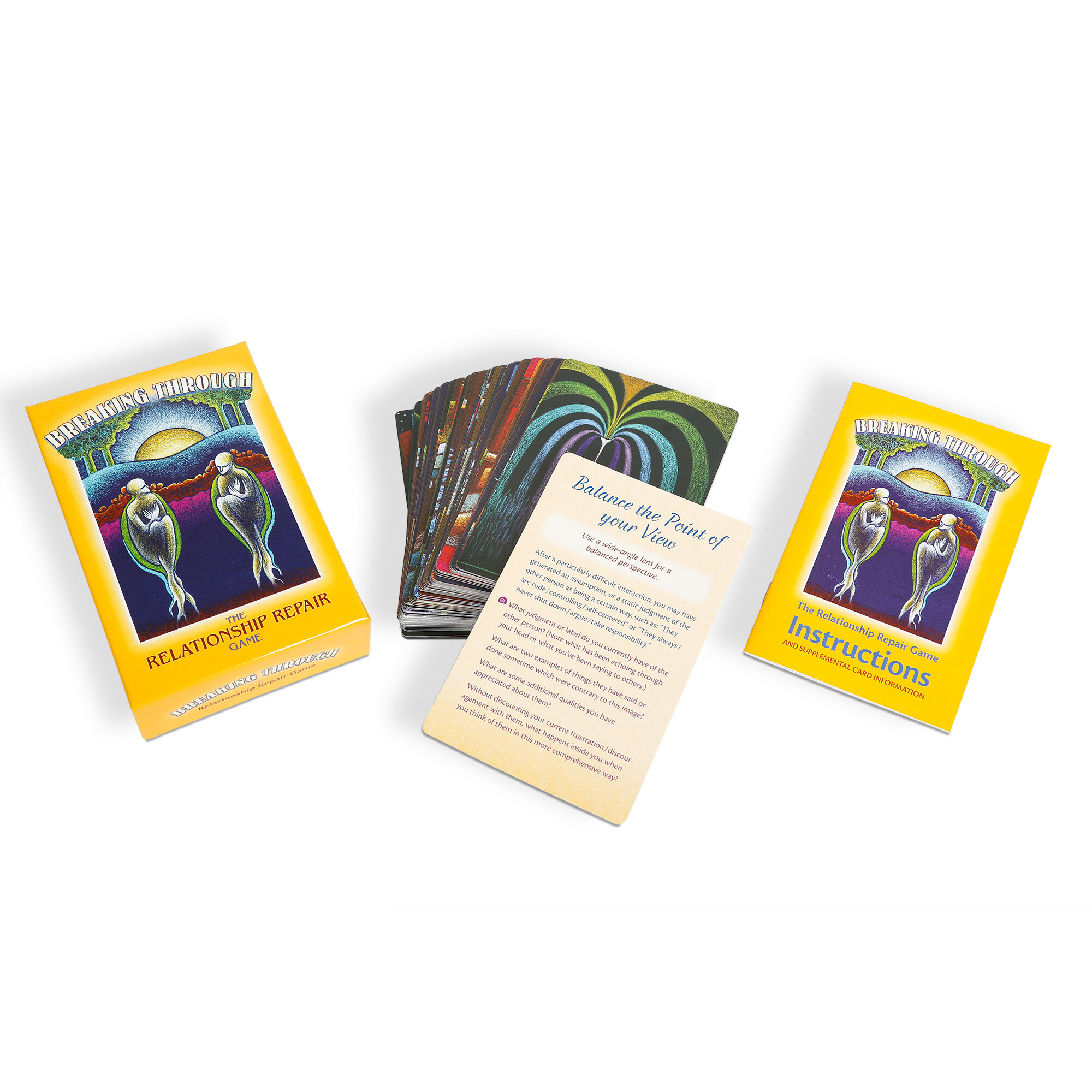 A relationship card game called Breaking Through, seen on a white background. The yellow box is on the far left. In the middle is the deck of cards, and on the right is the instruction manual.