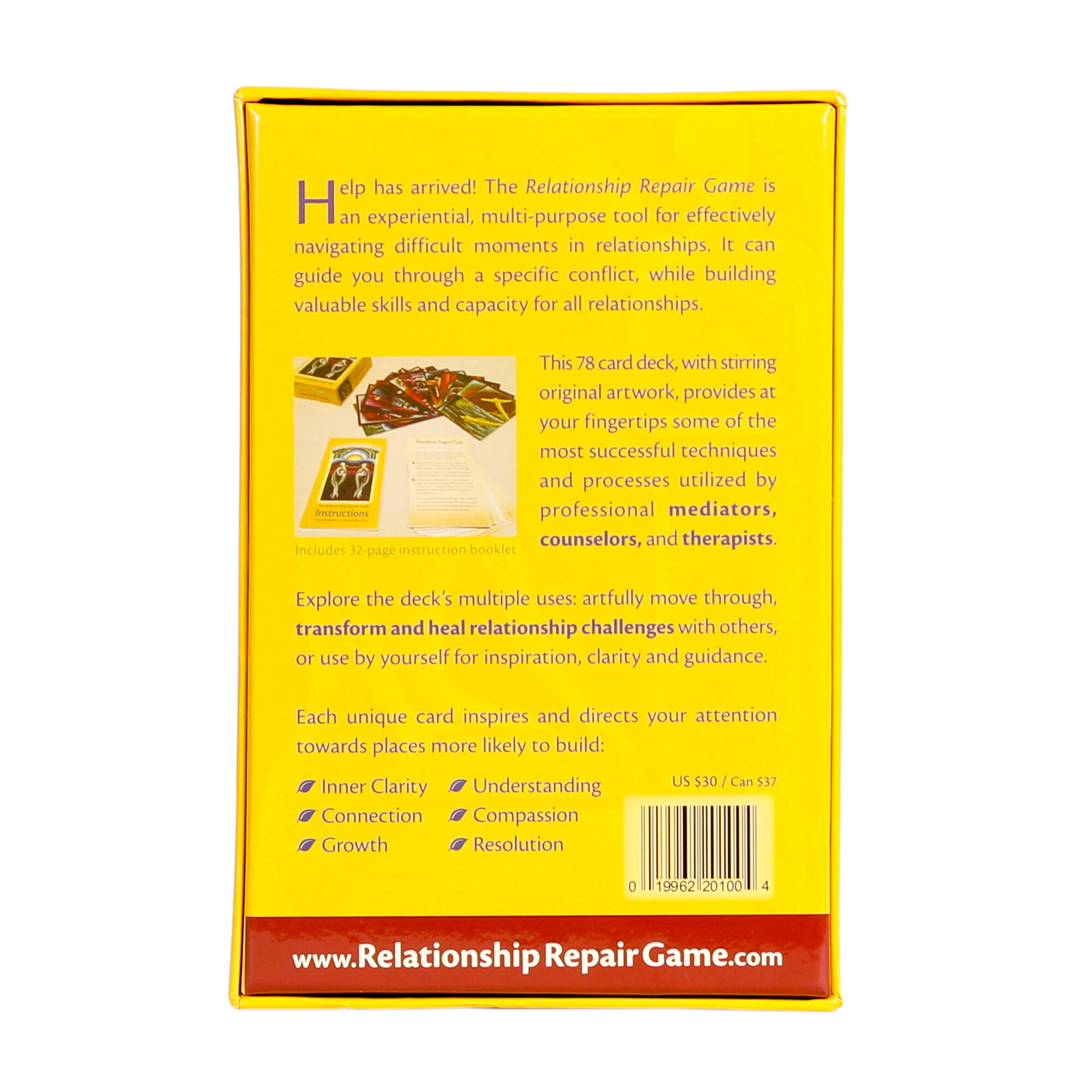 A relationship card game called Breaking Through, seen on a white background. The back of the yellow box tells about the cards and their purpose.