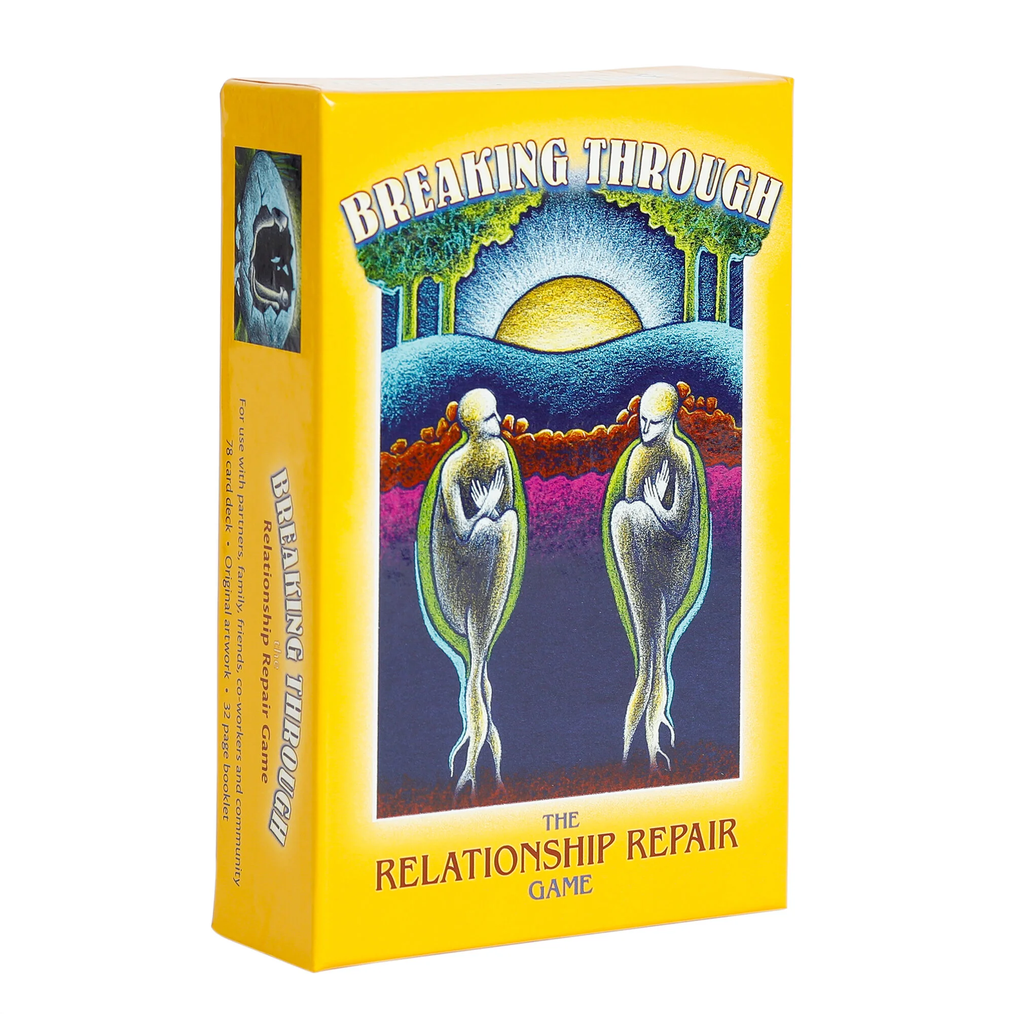 A relationship card game called Breaking Through. Seen in three quarter view on a white background, the yellow box features a drawing of two figures with a sun rising behind them.