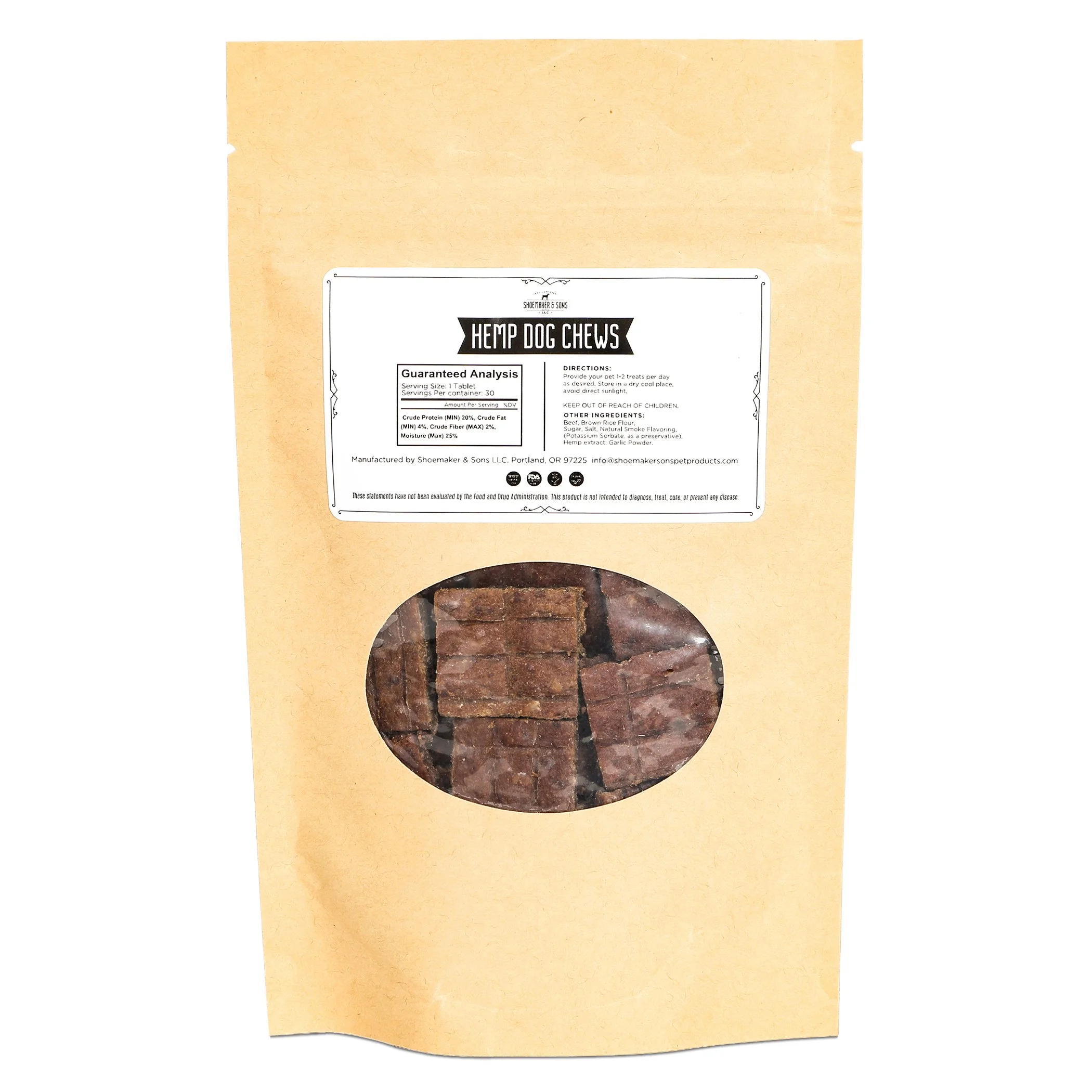 A tan package of CBD hemp dog treats on a white background. The treats can be seen through a plastic window on the front of the package.