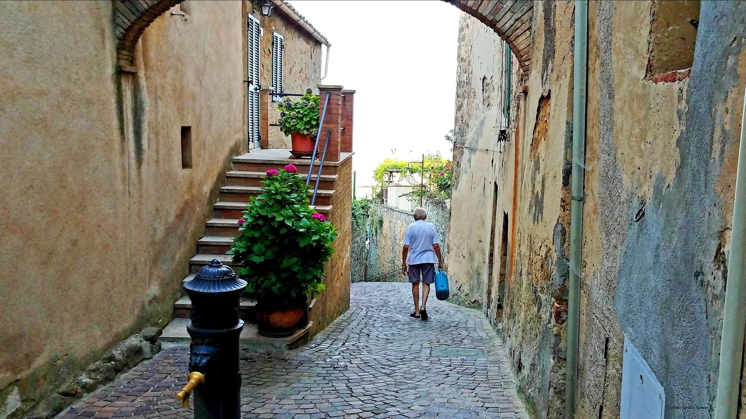 Old man in Italy after watering plant