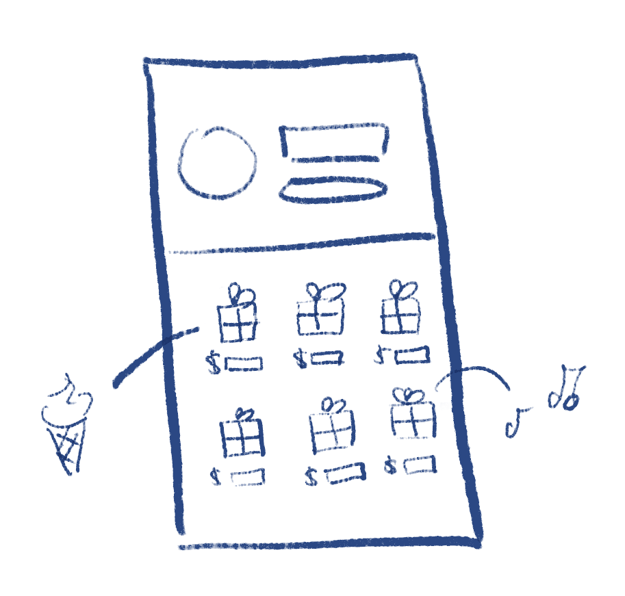 GIFT MODE V1.  Users can choose to either view tips in dollar amounts, or as the icon of an item or gift that is worth the same monetary amount. For example, instead of simply seeing the “$5” tip option, the user can activate gift mode and see an ice