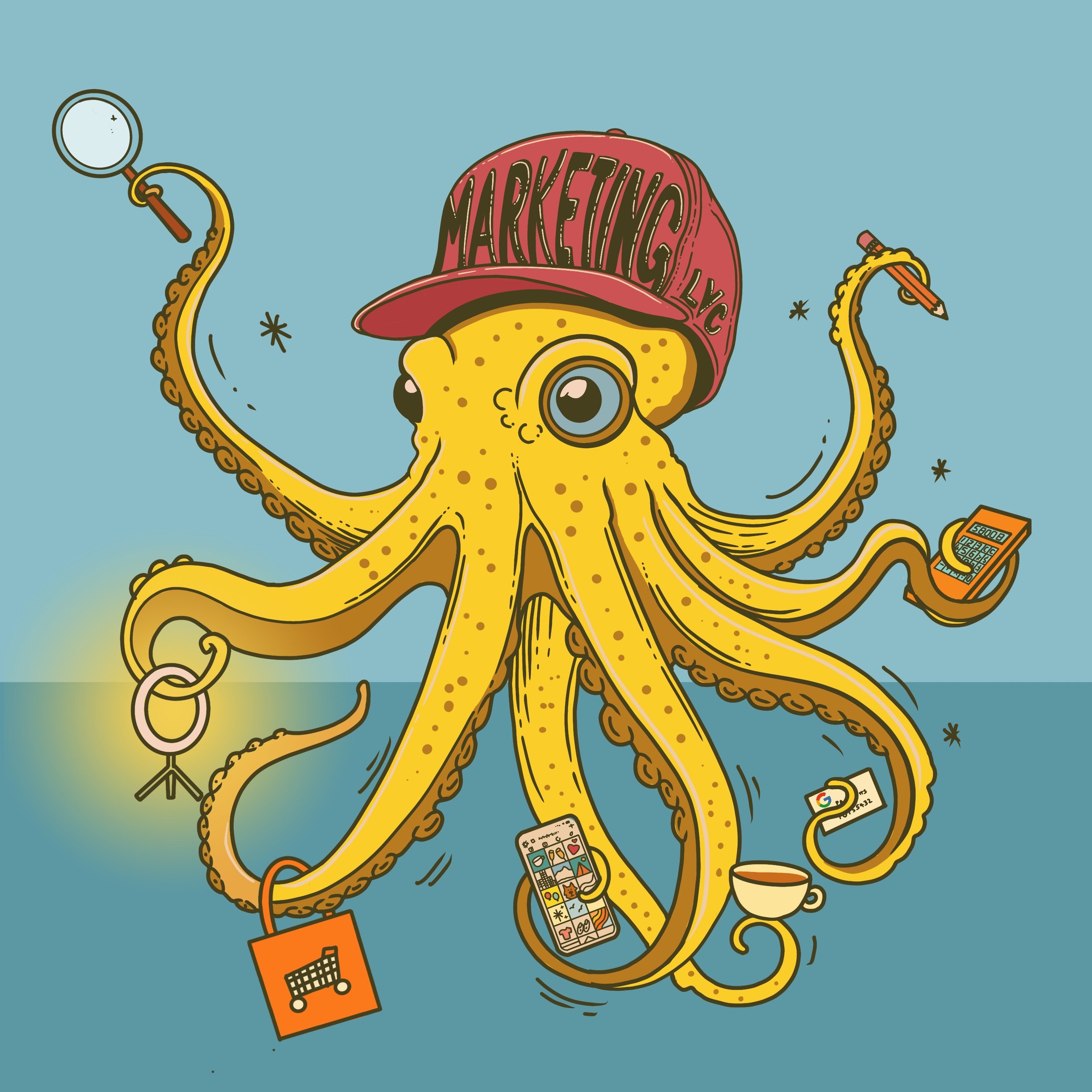 Image is of an octopus character wearing a hat that says 'Marketing LVC'. The Octopus is juggling multiple items as a metaphor for juggling marketing priorities - a magnifying glass (SEO), a ring light, shopping bag, a calculator and more.