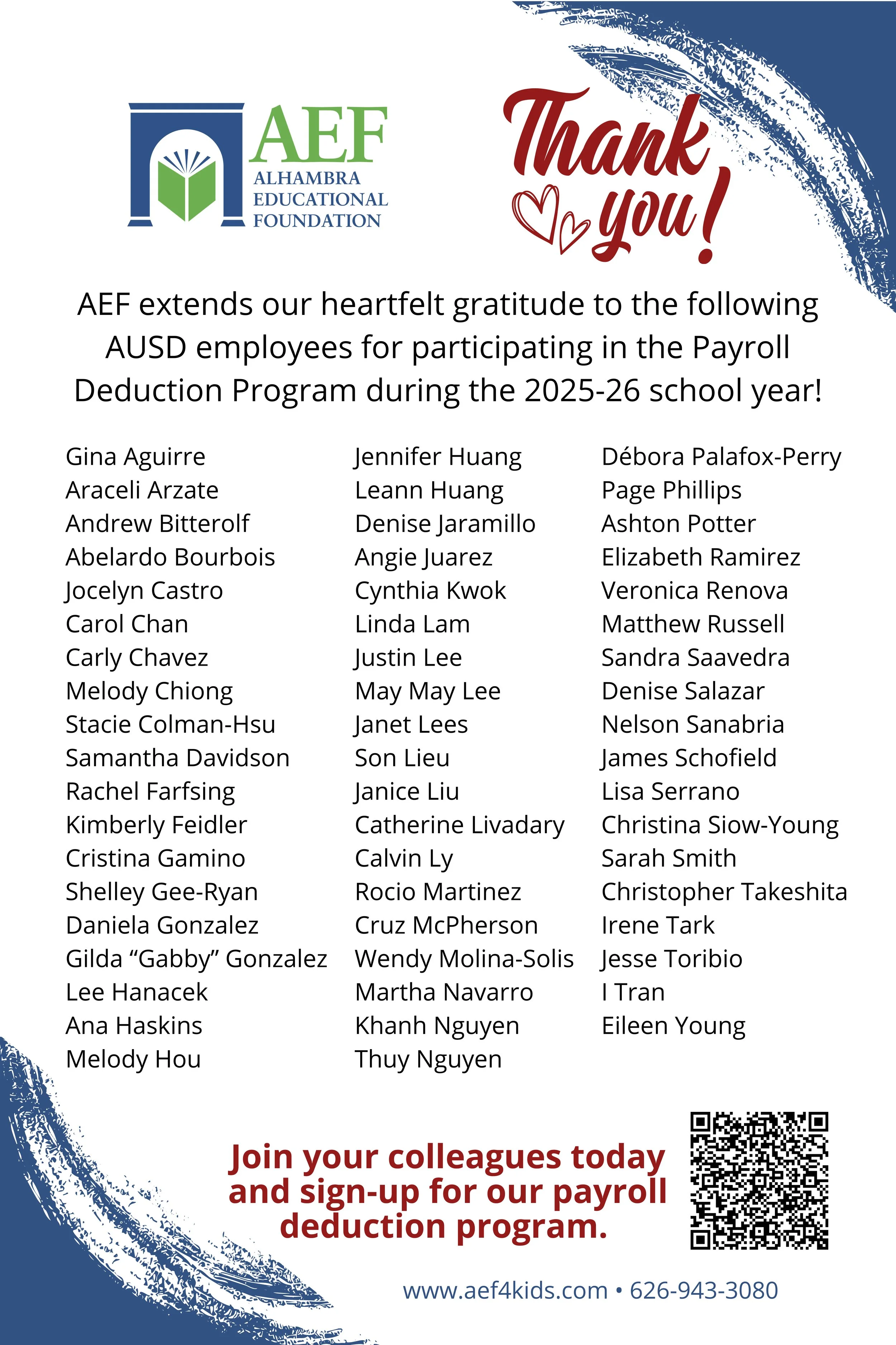 A flyer from Alhambra Educational Foundation thanking AUSD employees for participating in the 2024-25 payroll deduction program, listing employee names, with logos, a yellow flower, a support badge, and a QR code.