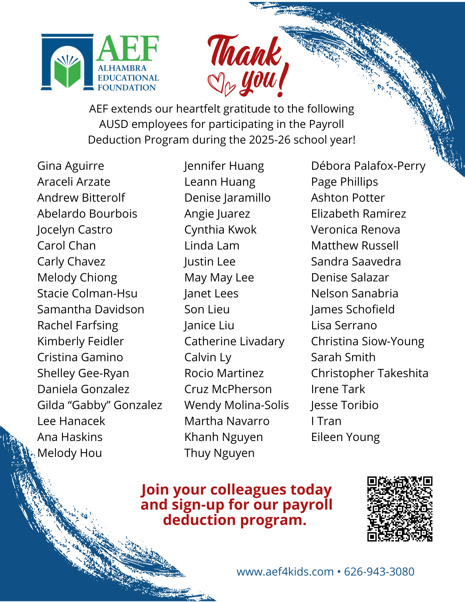 A flyer from Alhambra Educational Foundation thanking AUSD employees for participating in the 2024-25 payroll deduction program, listing employee names, with logos, a yellow flower, a support badge, and a QR code.