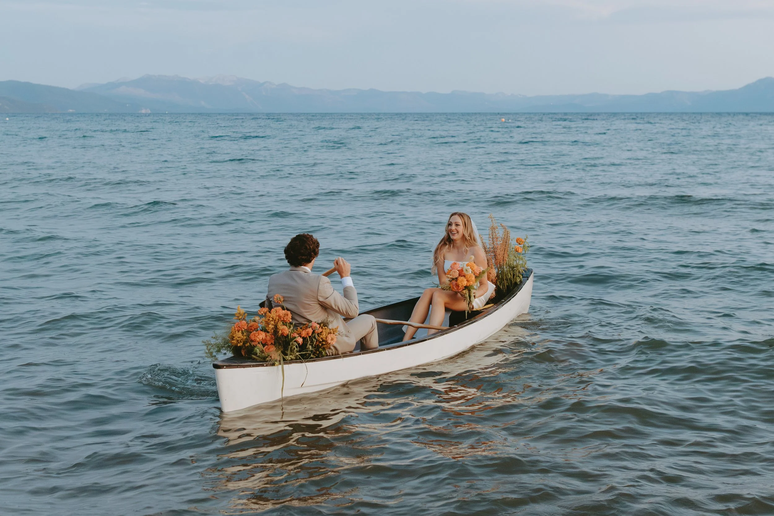 Wedding Couple in Canoe on Lake Tahoe