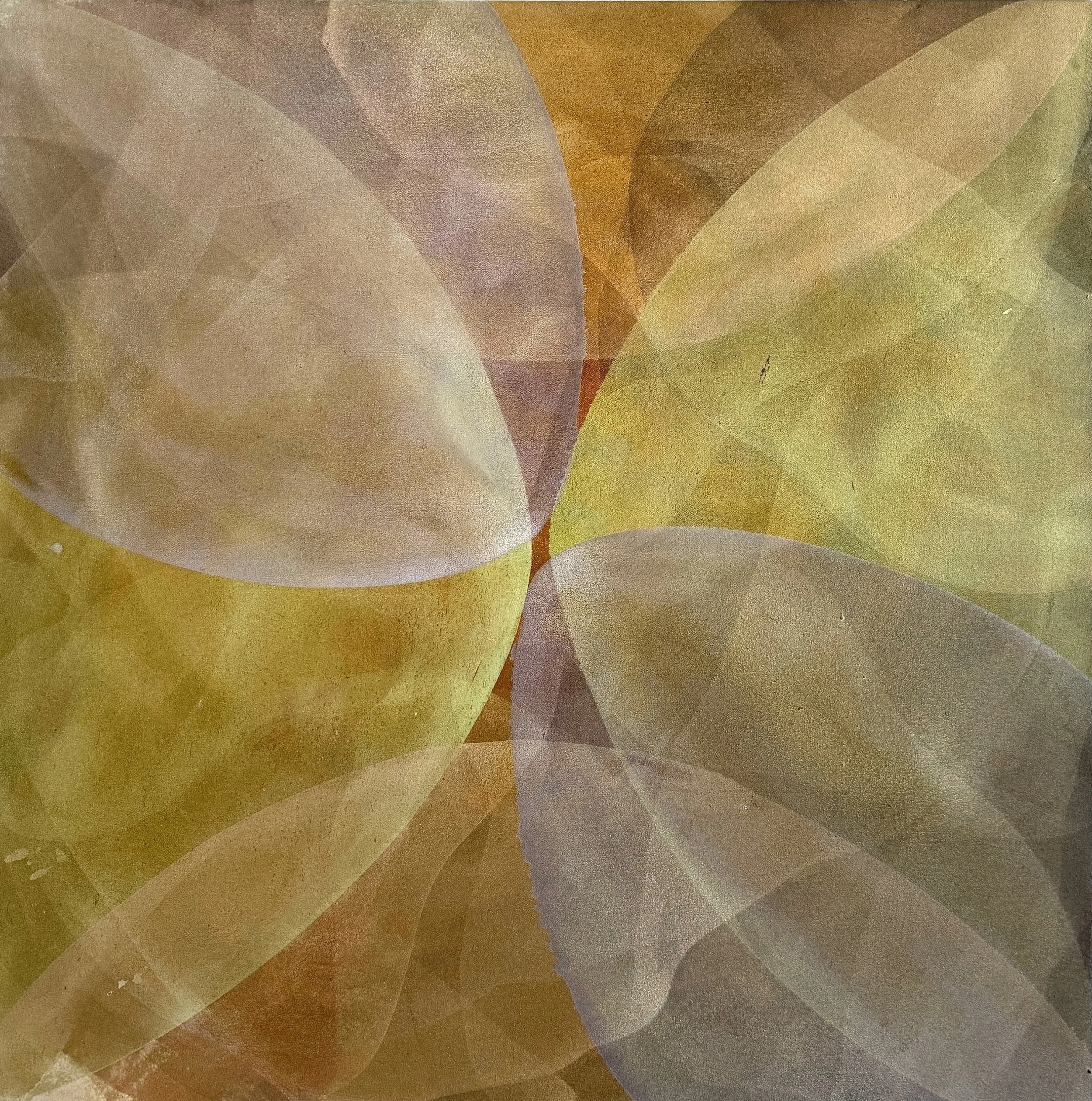 Abstract artwork with overlapping shapes in shades of yellow, orange, brown, purple, and green.