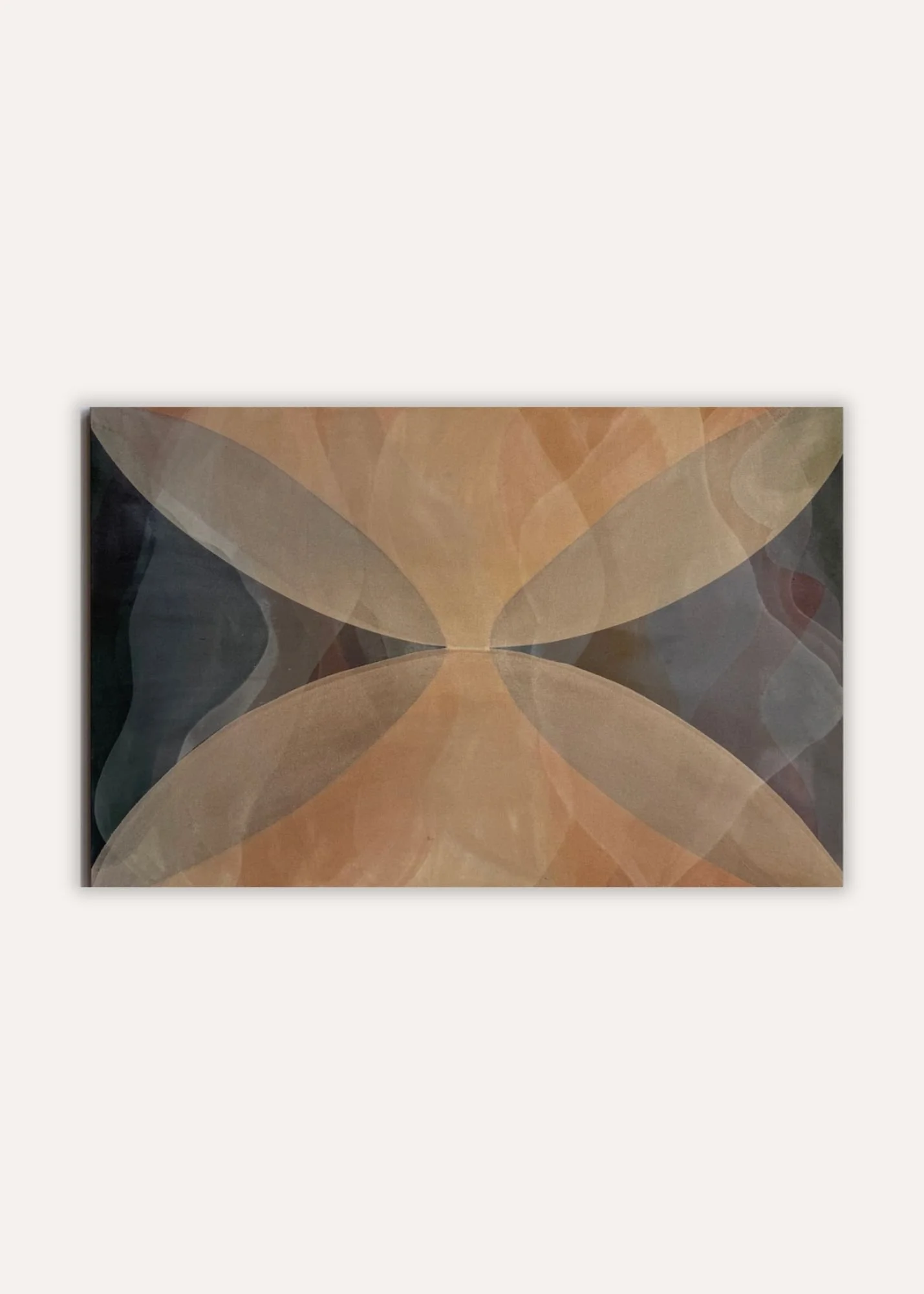 Close-up of a framed abstract artwork with overlapping shapes in shades of beige, black, and brown.