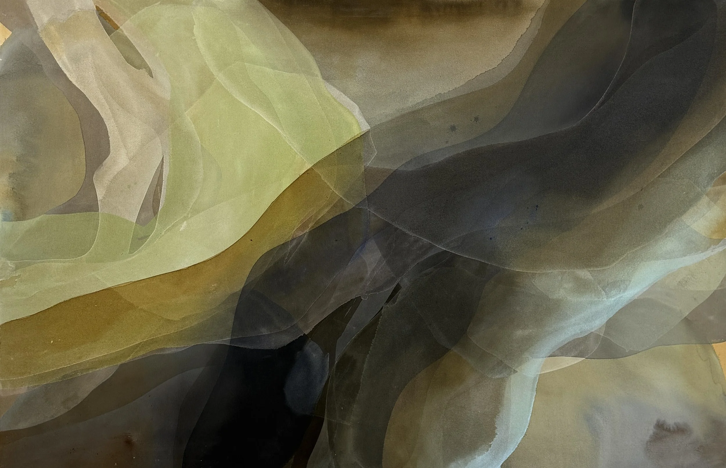 Abstract layered watercolor painting with shades of yellow, brown, black, gray, and beige, creating a soft, flowing composition.