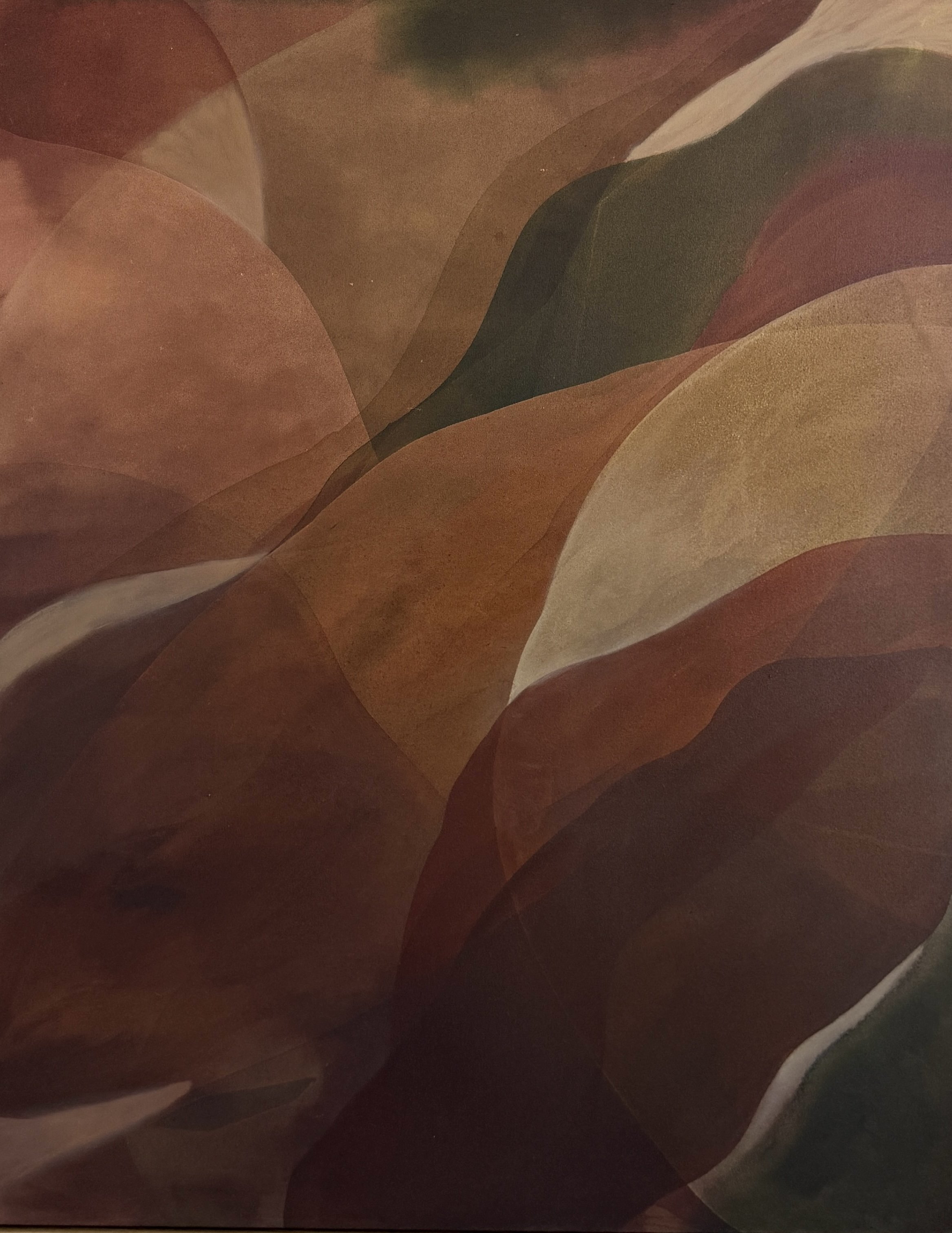 Abstract painting with flowing, overlapping shapes in earth tones including shades of brown, ochre, dark green, and beige.