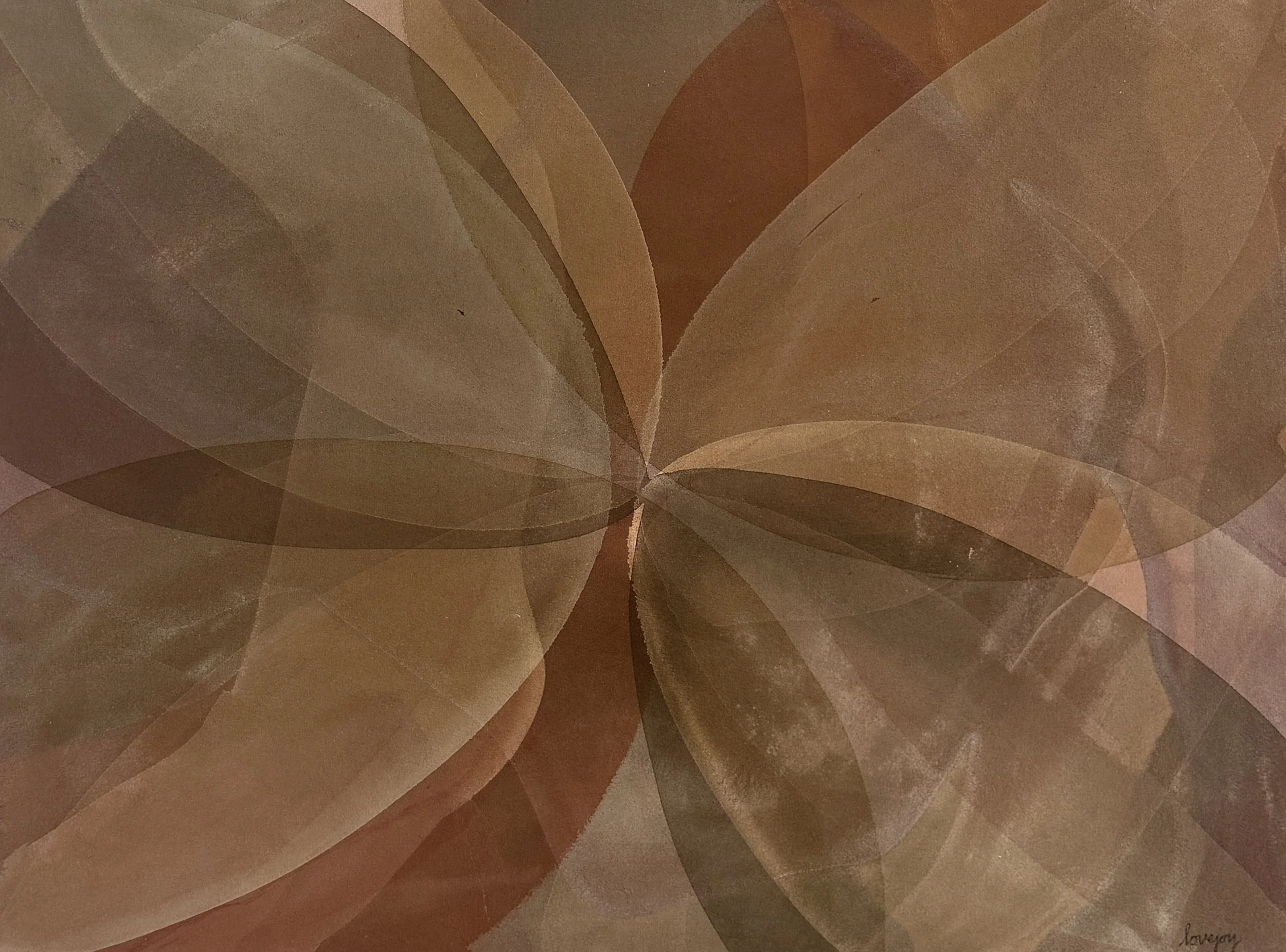 Abstract geometric pattern with overlapping semi-transparent shapes in shades of brown, tan, and beige.