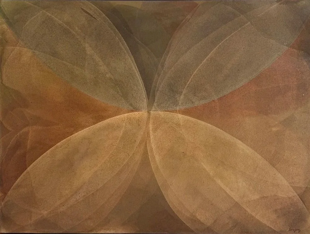 Abstract artwork with overlapping elliptical shapes in shades of brown and beige.