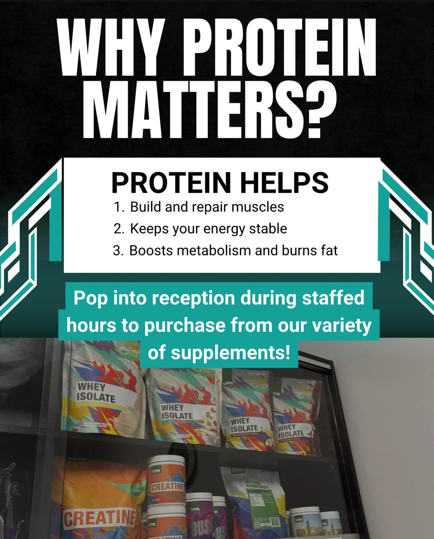 Protein = progress! Build muscle, boost energy, and support your fitness journey with our supplement range available at reception! 🫡💥💪