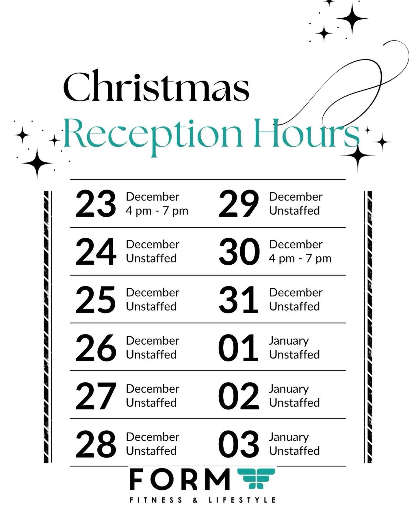 Festive season hours 🎄
Get your sessions in, enjoy the holidays, and check reception availability above 💪✨