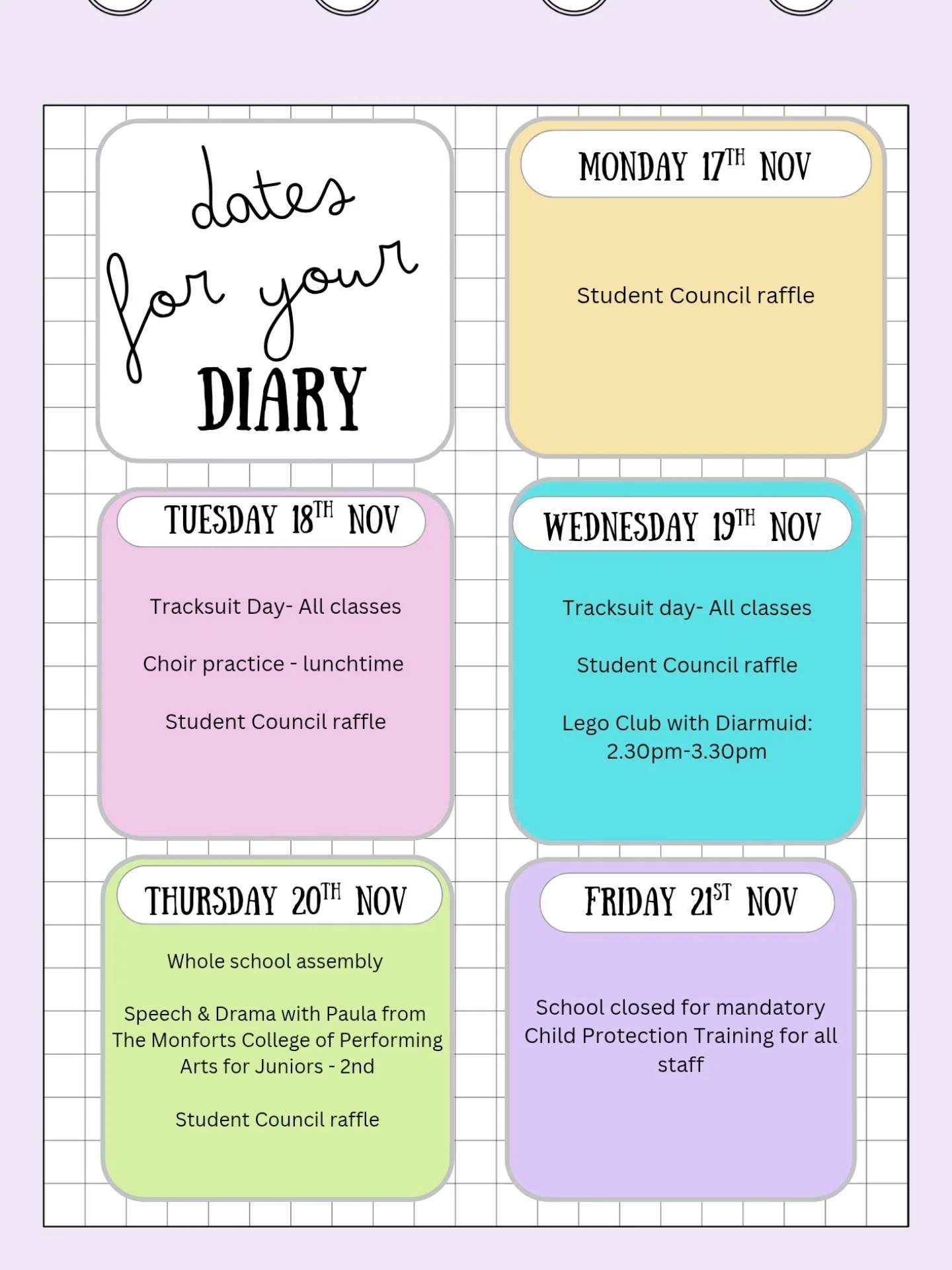 📅✨ Important Dates &amp; Updates for the Week! ✨📅

🎟 Student Council Fundraiser
Our Student Council will be selling tickets all week to raise funds for new toys for the school yard.
Tickets are available each morning from 8:30 a.m. in Halla Mhuire