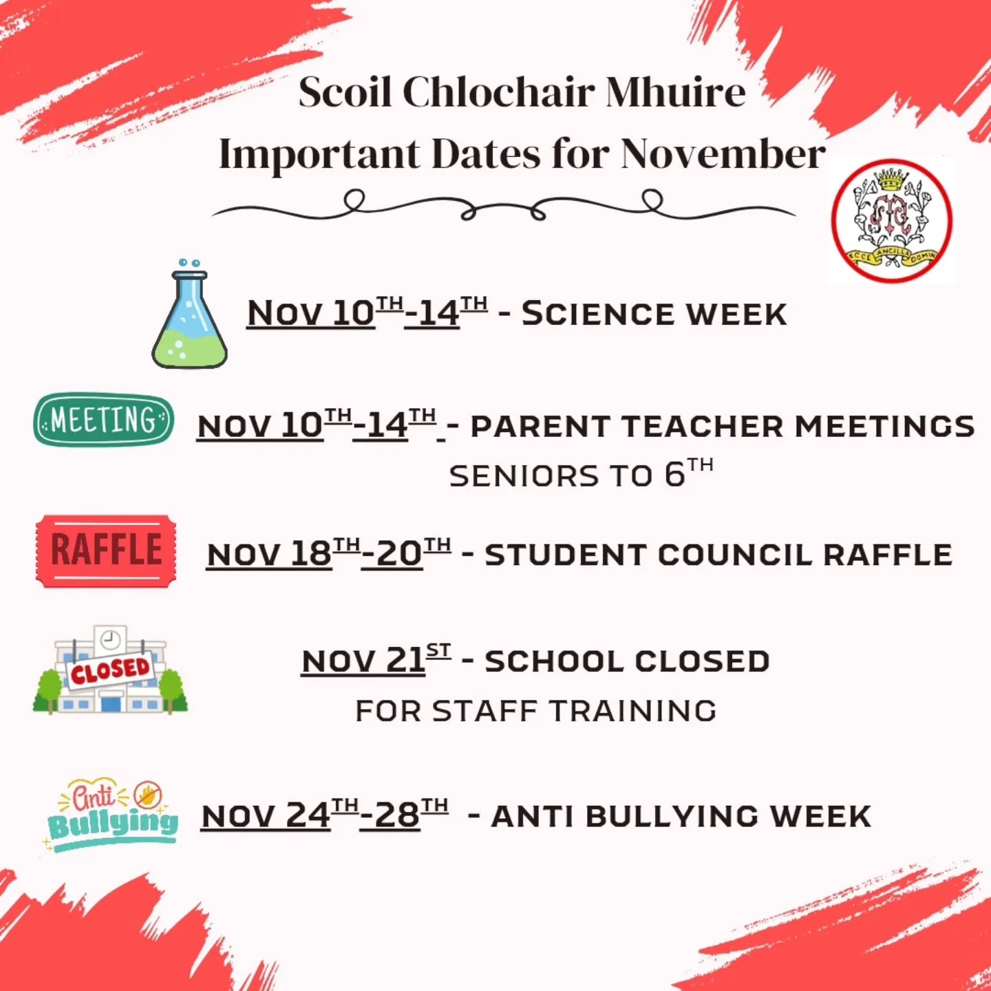 📅✨ Important Dates for November! ✨📅

There&rsquo;s lots happening in school this month &mdash; here&rsquo;s what&rsquo;s coming up! 💛

🔬 Nov 10th&ndash;14th: Science Week!
Classrooms will be buzzing with experiments, exploration and discovery! 🧪