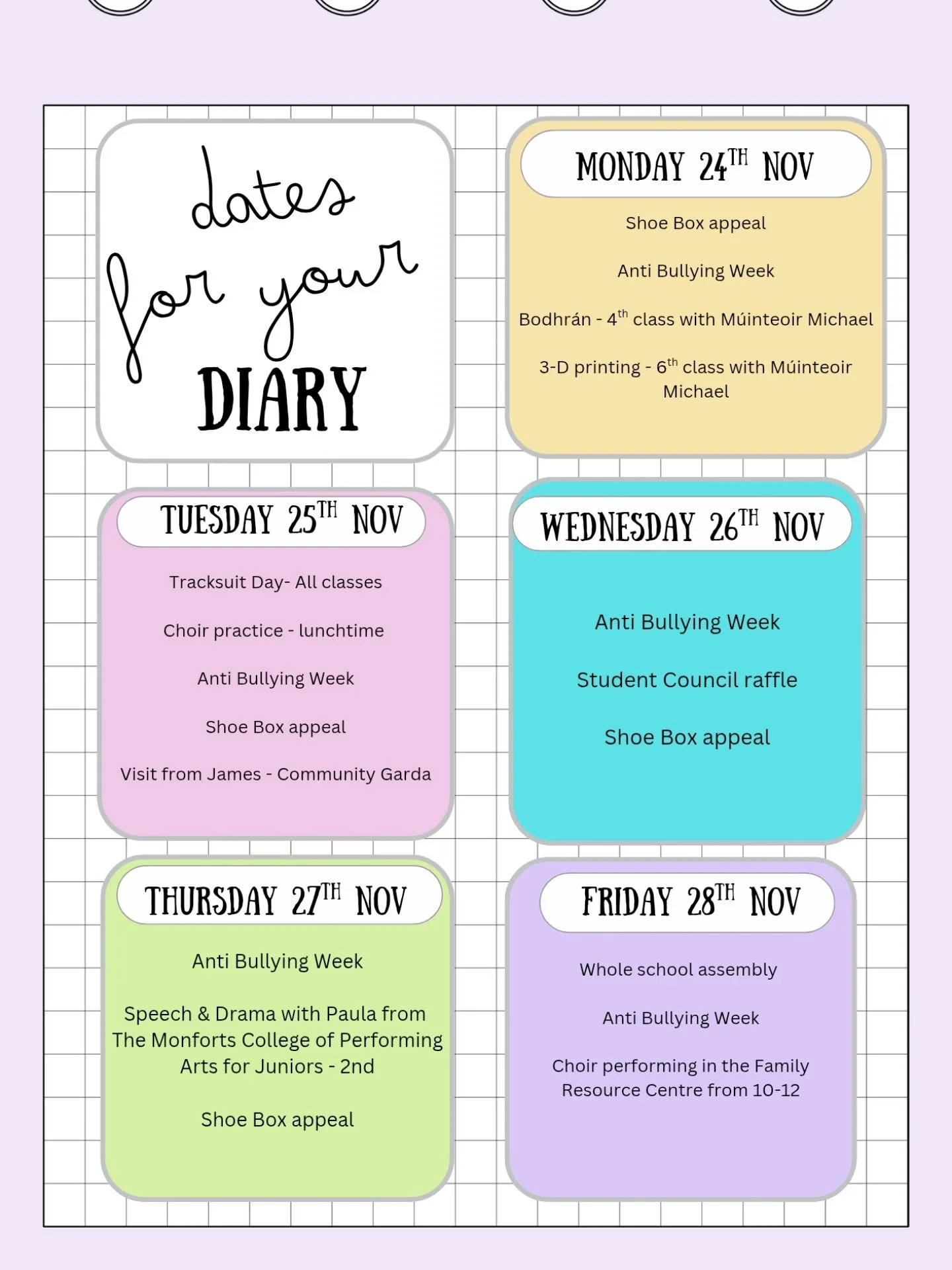 📅✨ Important Dates &amp; Updates! ✨📅

💙 Anti-Bullying Week
Next week marks Anti-Bullying Week.
Throughout the week, pupils will take part in activities promoting kindness, inclusion, and awareness of the impact of bullying. 💫
We&rsquo;ll also wel