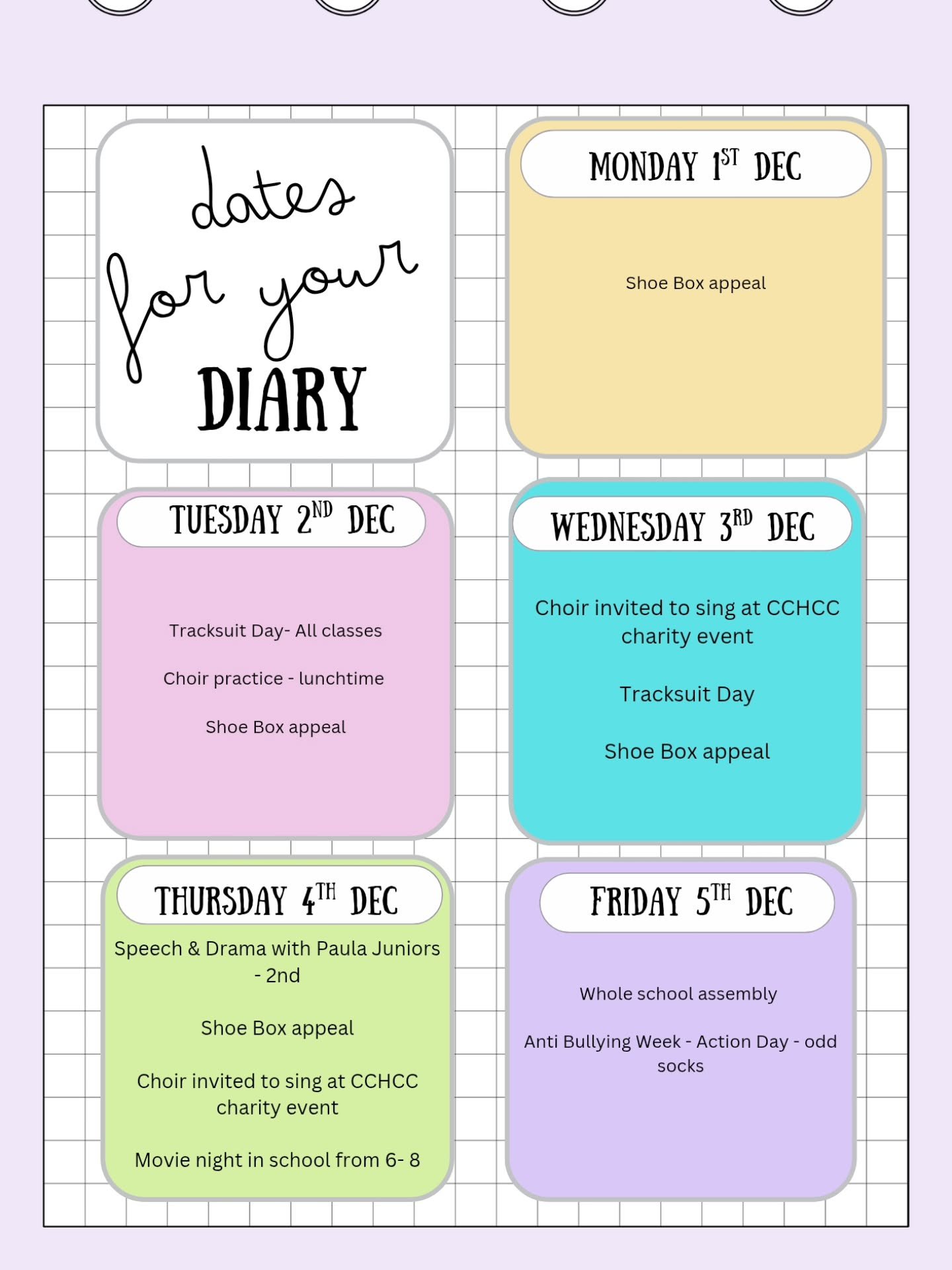 📅✨ Important Dates &amp; Updates! ✨📅

We&rsquo;ve had a wonderful Anti-Bullying Week in school. The children engaged so well with the activities and discussions, and we were delighted to welcome Garda James Masters on Tuesday to speak with all clas