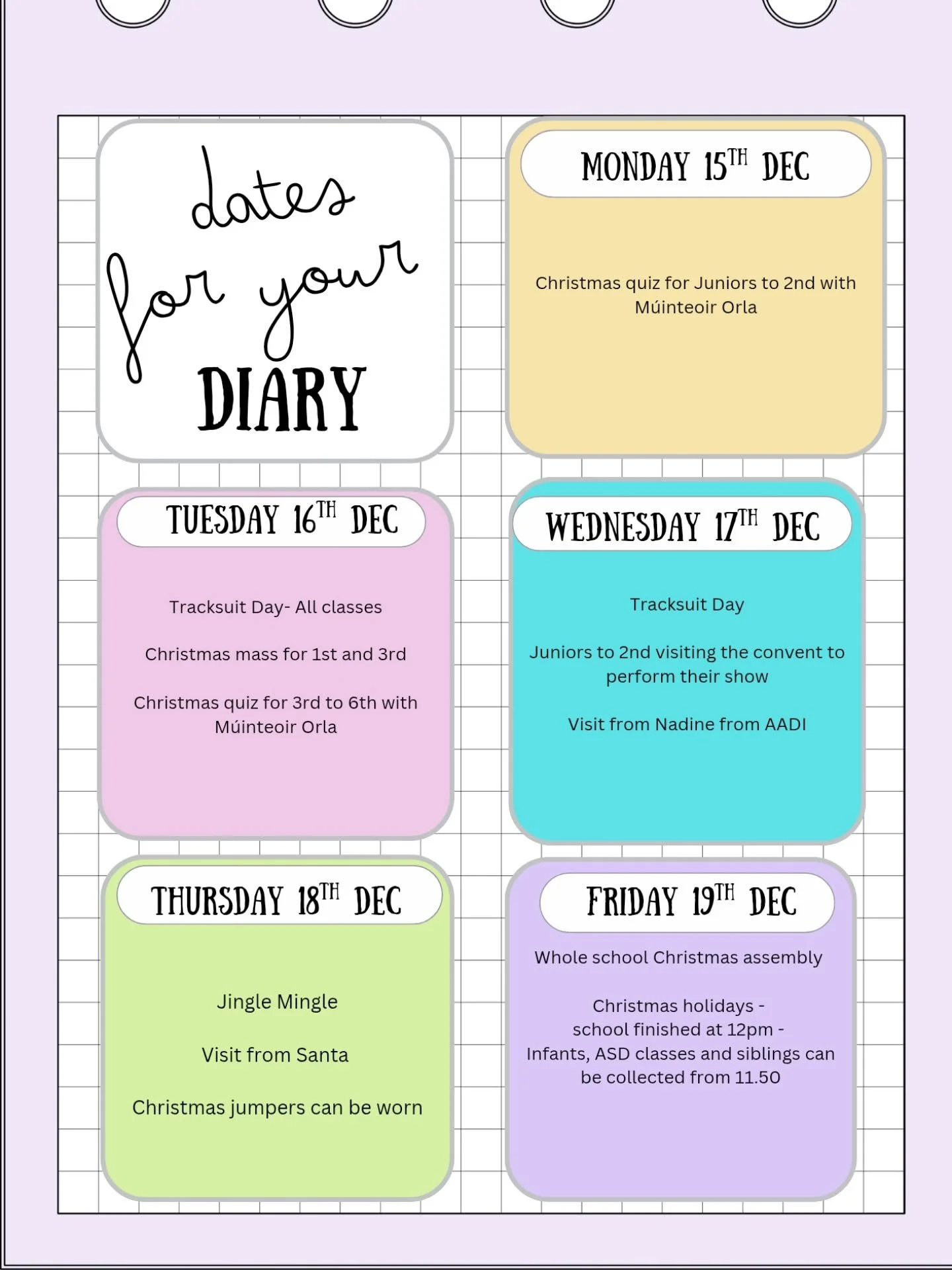 📅✨ Dates for the Diary &amp; Weekly Update ✨📅

🎄 Christmas Concert Congratulations
Huge congratulations to the junior end of the school on a truly wonderful Christmas concert.
The children, teachers and SNAs put on a fantastic performance, and we 