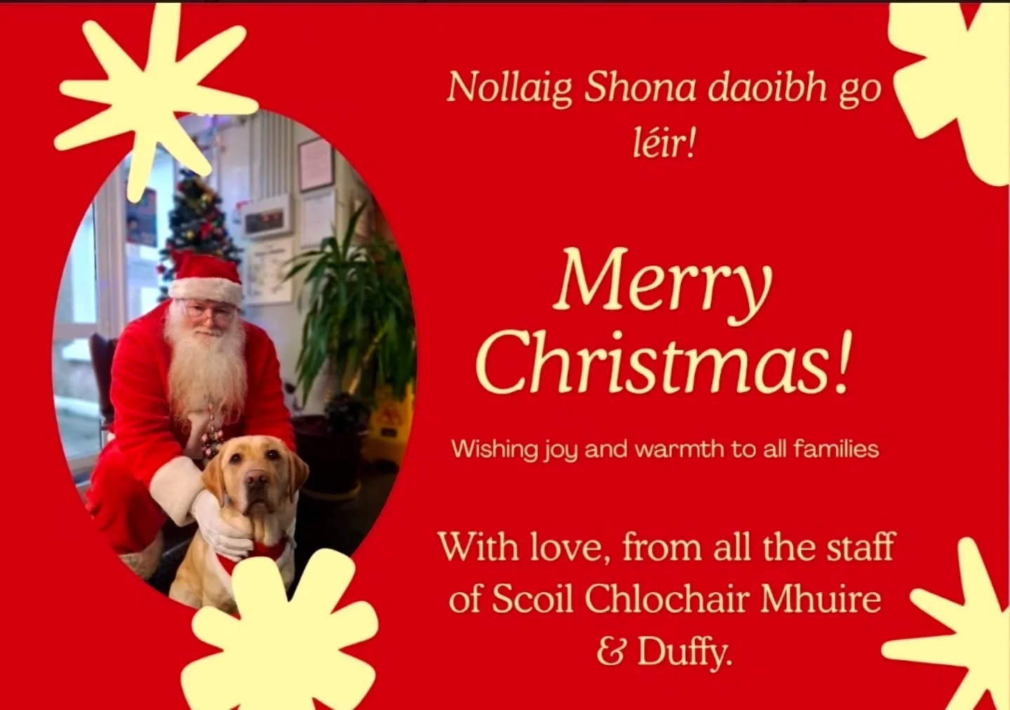 🎄✨ End of Term Message ✨🎄

Well done to everyone on such a busy and enjoyable week in Scoil Chlochair Mhuire. 🌟

A sincere thank you to all who took part in our wonderful Jingle Mingle event yesterday. A very special word of thanks to Santa and hi