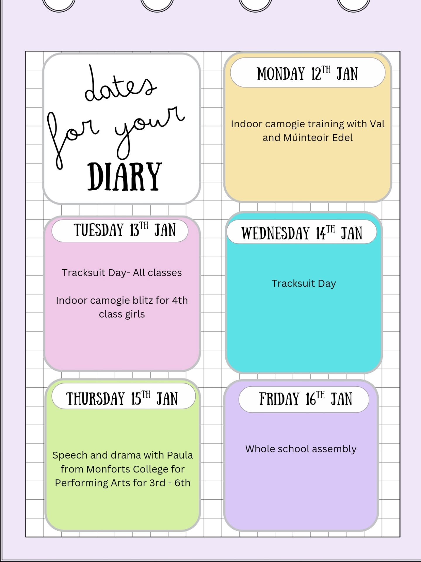 📅✨ Dates for the Diary ✨📅

We would like to extend a sincere thank you to all parents and families for your cooperation, understanding and support this week as we navigated some challenging weather conditions.

Your flexibility and patience greatly