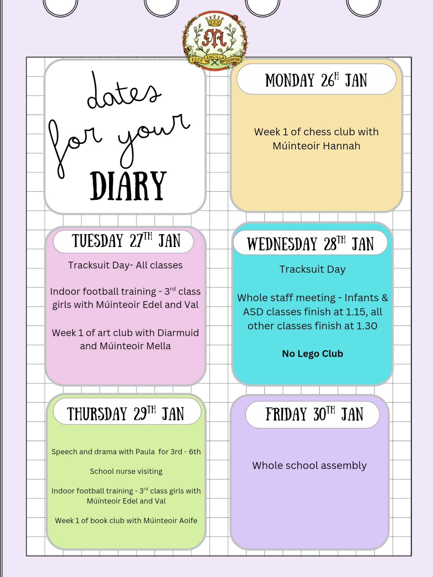 📅✨ Important Dates &amp; Updates for the Week ✨📅

🏫 After-School Clubs
After-school clubs will begin this week, with the exception of Lego Club on Wednesday.
All further details are available on Aladdin.

🙏 Catholic Schools Week Mass
A sincere th