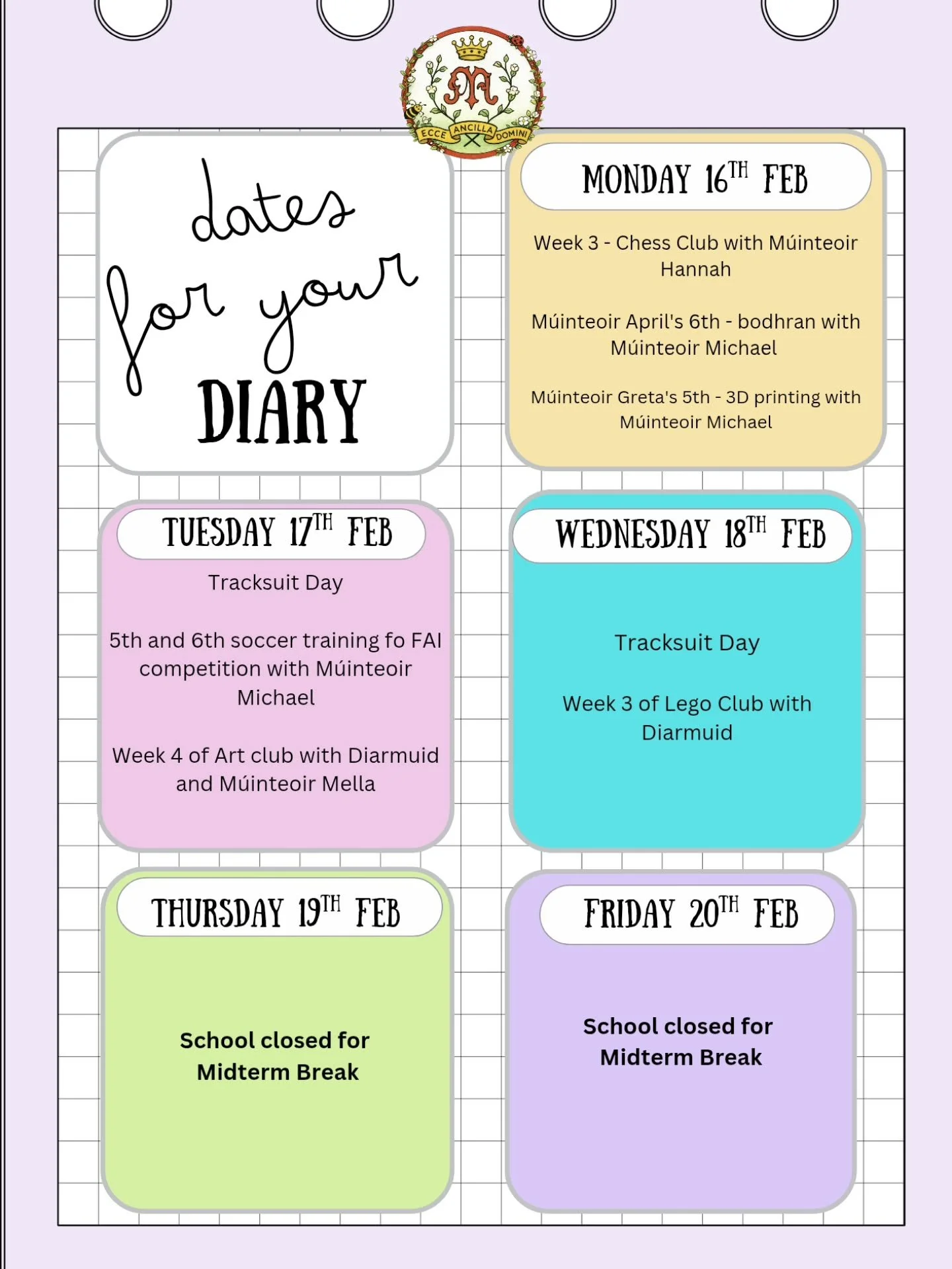 📅✨ Dates for the Diary &ndash; Weekly Update ✨📅

🧁 Cake &amp; Craft Sale Success
Well done to our 4th and 5th Classes who organised a fantastic Cake &amp; Craft Sale in Halla Mhuire today &mdash; it was a huge success! 🎉 We are currently counting