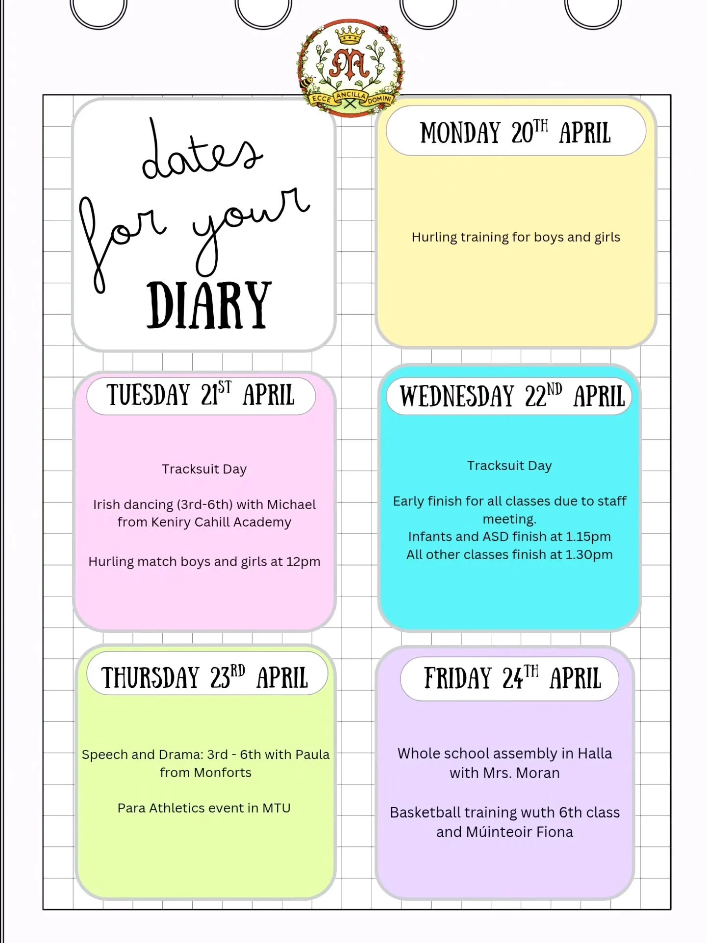 📅✨ Dates for the Diary &ndash; Weekly Update ✨📅

Welcome back to our final term in Scoil Chlochair Mhuire! 🌟
We&rsquo;re looking forward to a busy and enjoyable few months ahead, filled with school tours, sports days, concerts and lots of fun acti