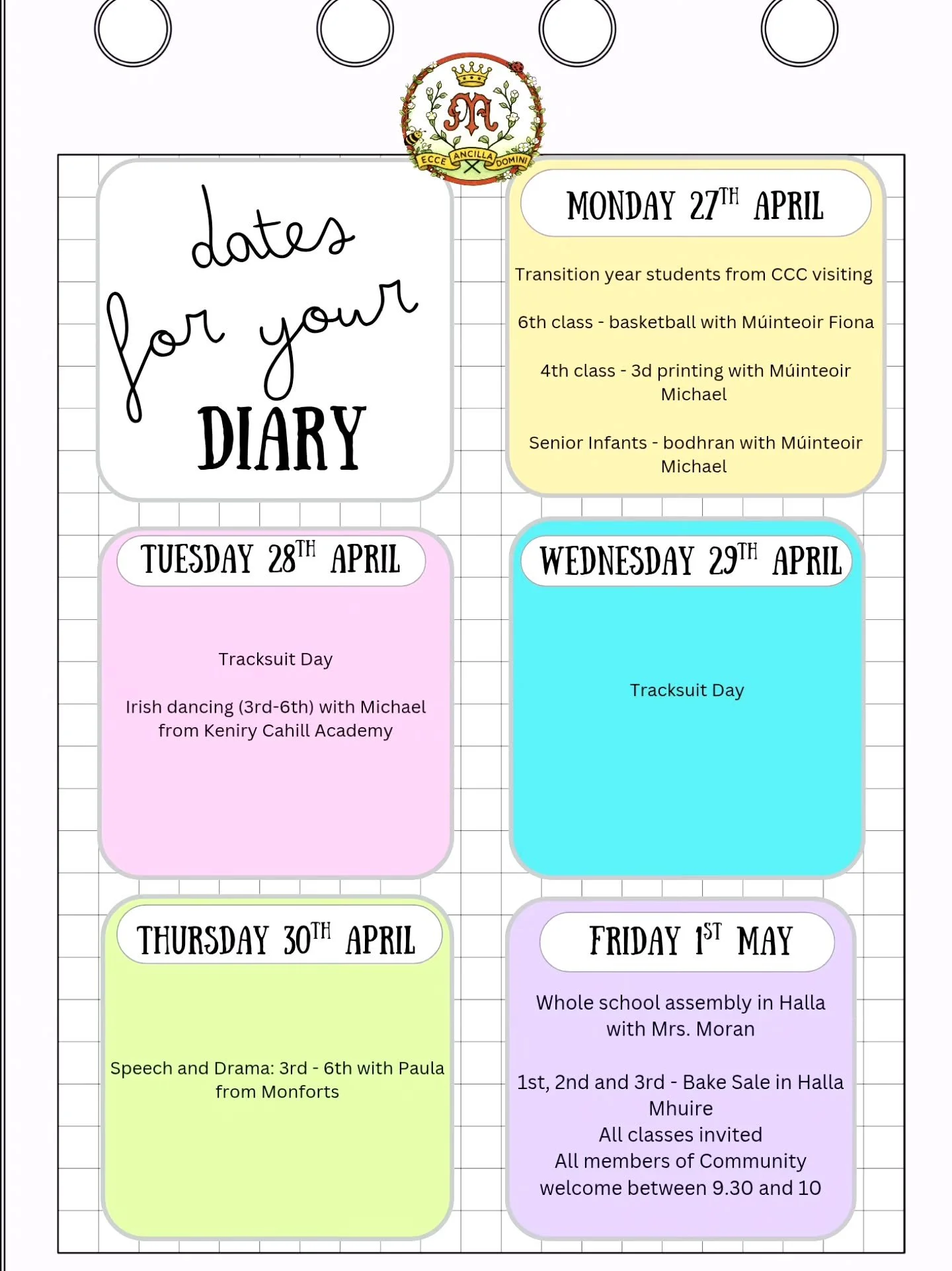 📅✨ Dates for the Diary &ndash; Weekly Update ✨📅

It has been another busy and positive week in Scoil Chlochair Mhuire! 💛

🌟 L&aacute; Spraoi &ndash; MTU
Congratulations to Kian and Christian, who represented our school so well at the L&aacute; Sp