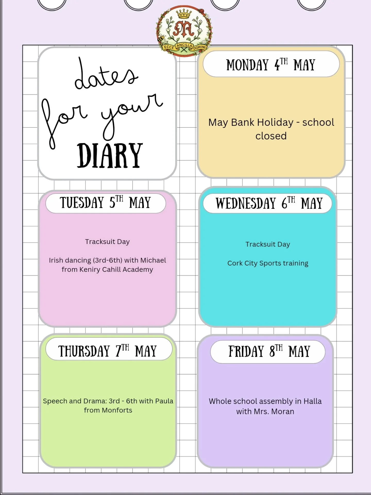 📅✨ Dates for the Diary &ndash; Weekly Update ✨📅

It&rsquo;s been another busy and enjoyable week in Scoil Chlochair Mhuire! 💛

🧁 Cake Sale Success
A huge thank you to everyone who supported our 1st&ndash;3rd Class Cake Sale &mdash; it was a treme