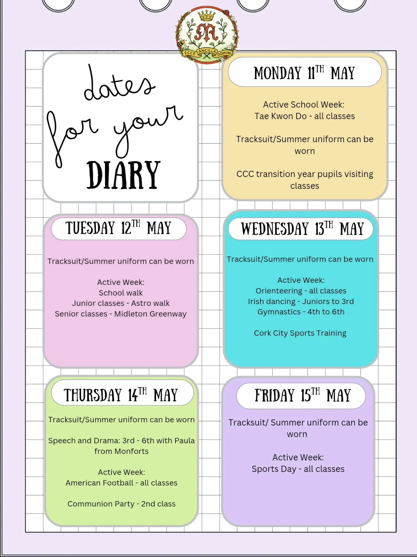 📅✨ Dates for the Diary &ndash; Weekly Update ✨📅

🏃&zwj;♂️ Active School Week
Next week is our Active School Week and we are looking forward to a fun-filled week of activities for all classes!
Children may wear their school tracksuit or summer unif