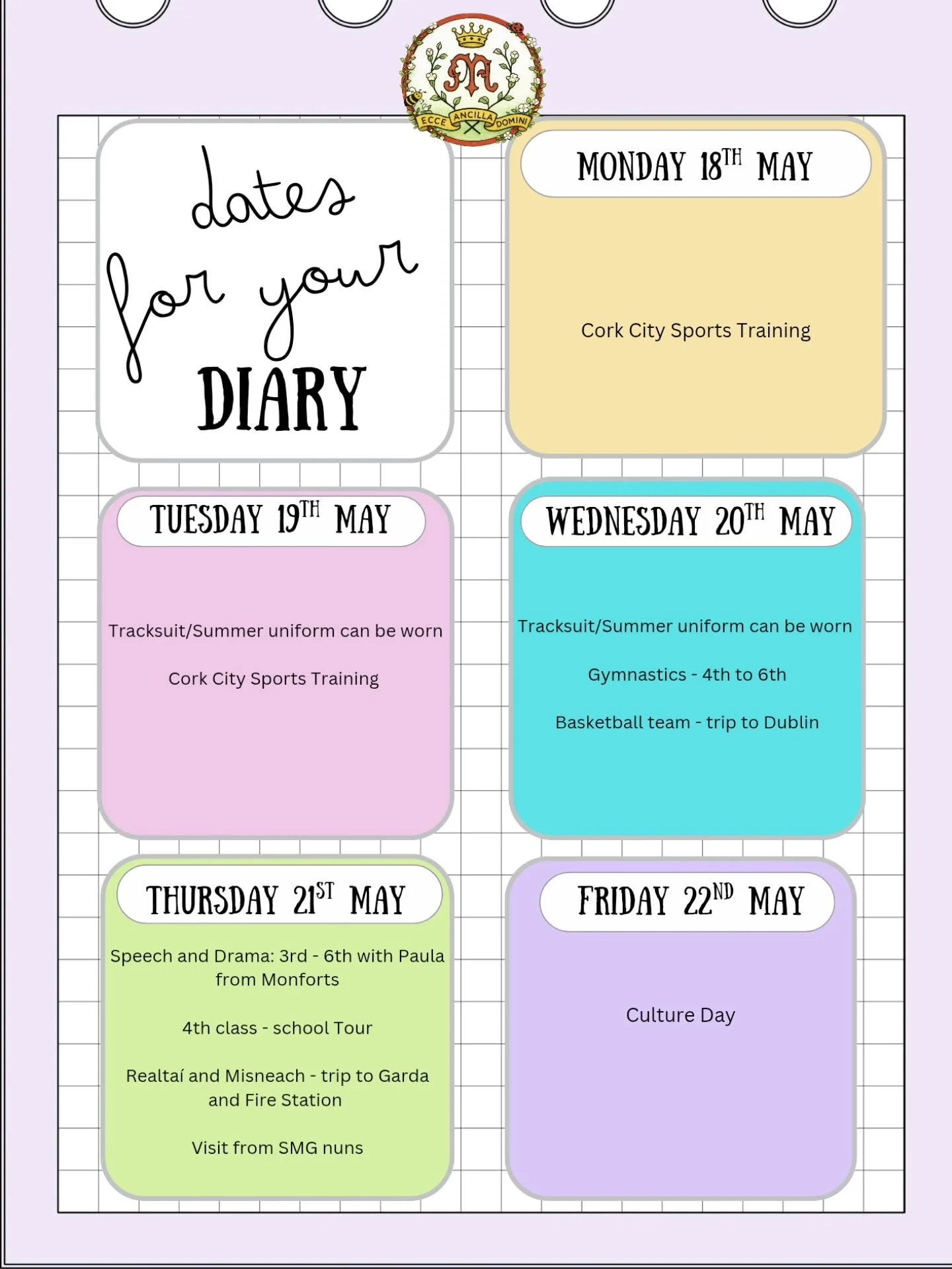 📅✨ Dates for the Diary &ndash; Weekly Update ✨📅

What a fantastic week we have had in Scoil Chlochair Mhuire as part of our Active School Week! 💪☀️
The week ended on a high with a brilliant victory for the students in our Staff vs Students competi