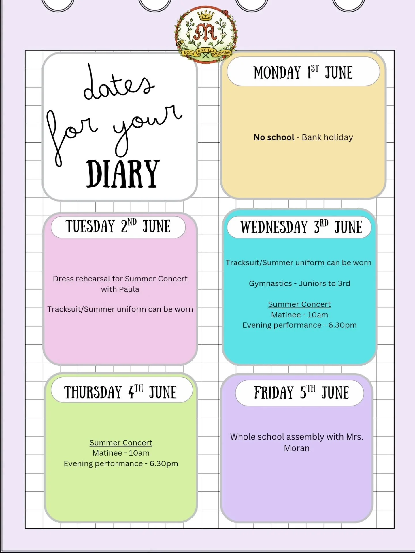 📅✨ Dates for the Diary &ndash; Weekly Update ✨📅

It has been another busy and exciting week in Scoil Chlochair Mhuire! 💛

🚌 School Tours
Several classes enjoyed their school tours this week. 2nd, 3rd and 5th Class explored the fascinating history