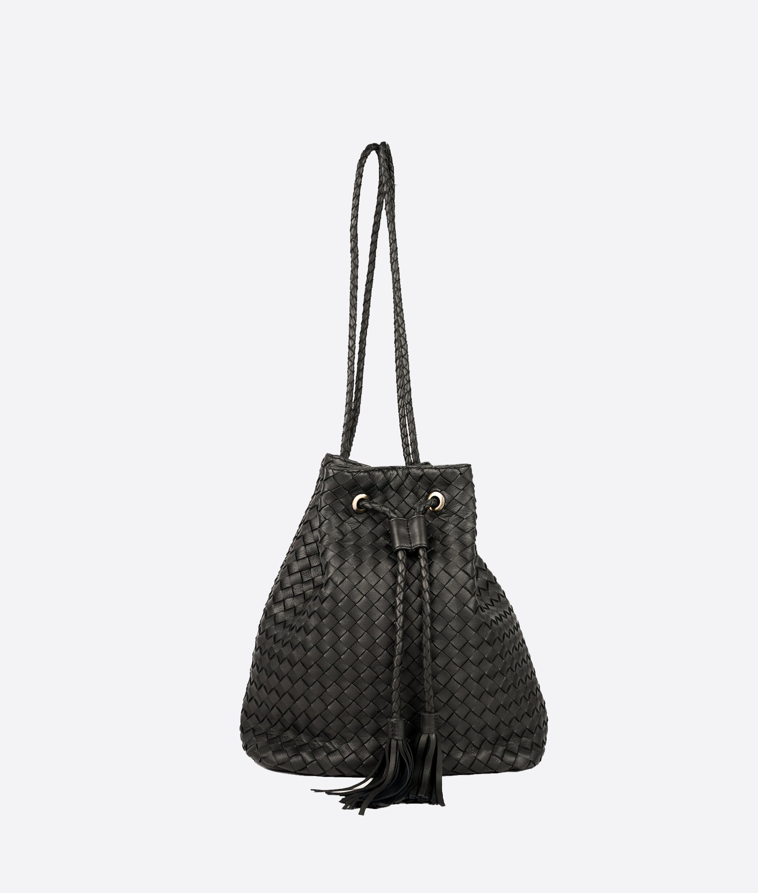 Leather Bucket Bag in Handwoven Black Drawstring Bag Medium 