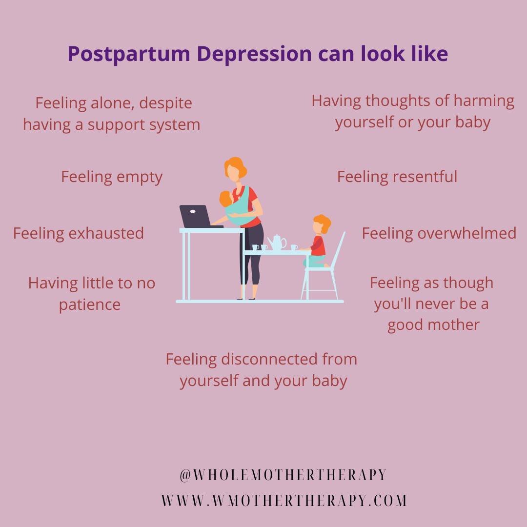 Let's normalize postpartum depression and how it shows up.  Postpartum depression can look like this: 
*Feeling lonely 
*Feeling empty
*Feeling exhausted
*Having little to no patience
*Having thoughts of harming yourself or your baby 
*Feeling resent