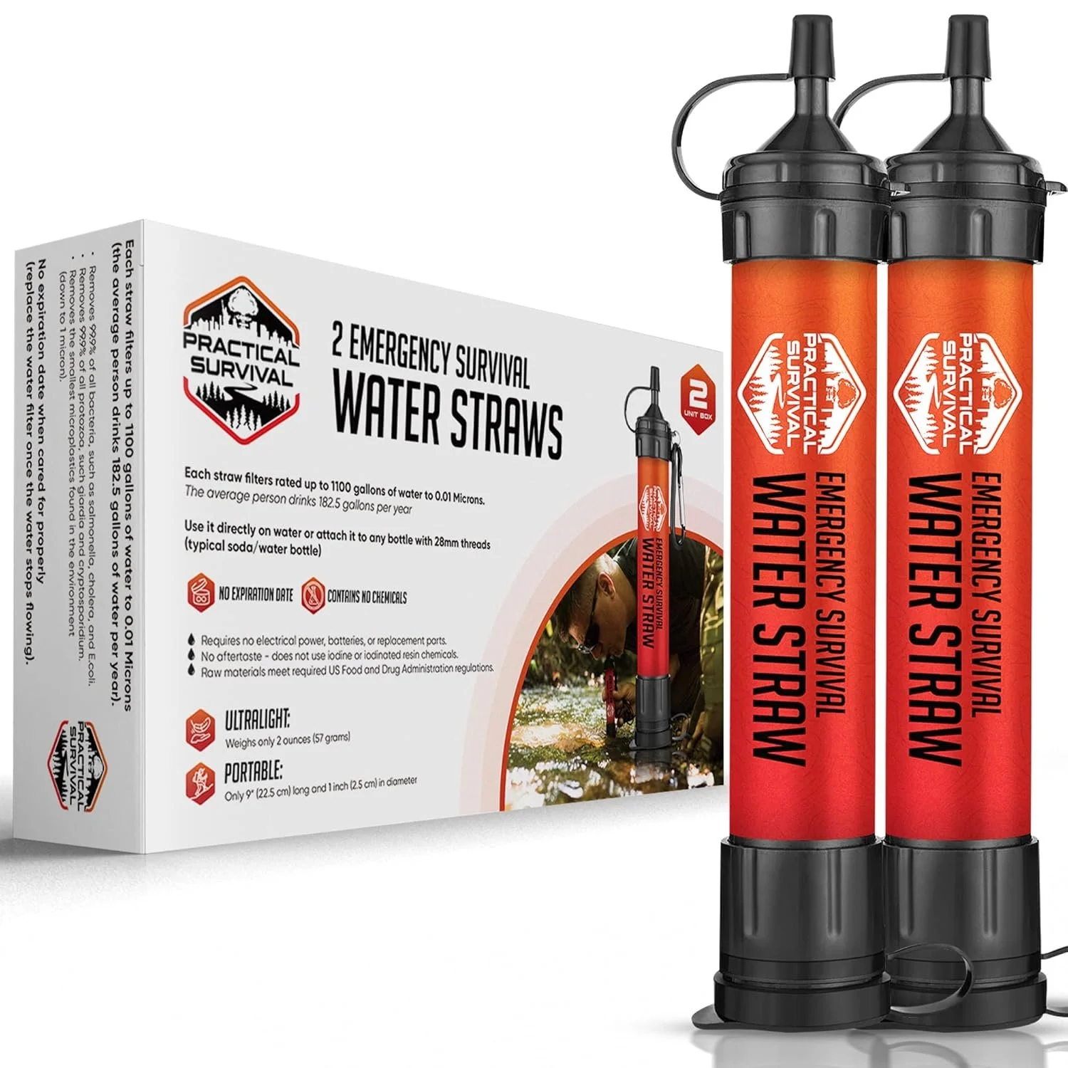 2 High-Capacity Emergency Water Straws – Lightweight, Reusable, 1800-Gallon Filters for Camping, Hiking, Travel, Biking, Survival, and Emergencies. No Expiration Date, Perfect for Preparedness
