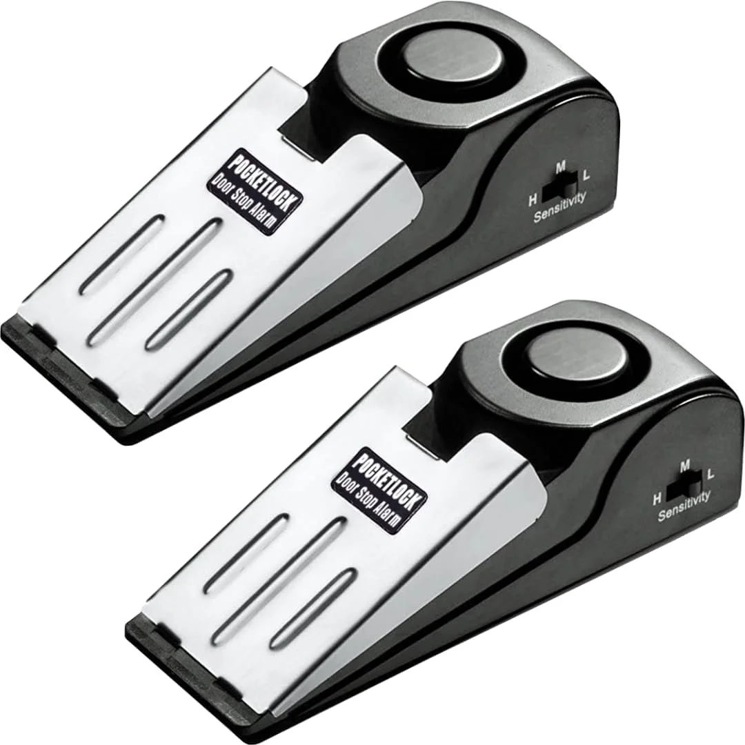 Door Stop Alarm with 120 dB Siren – Portable Travel Door Stopper Alarm Wedge for Hotel, Apartment & Dorm Security – Battery-Operated, Black, 2-Pack