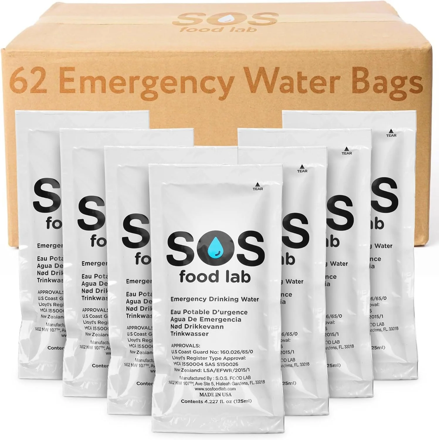 S.O.S Emergency Drinking Water – 62 Packets (4.22 oz Each) – 5-Year Shelf Life, Disaster Preparedness Supply, Portable Survival Water with Usage Tips – Ideal for Home, Car, Hiking, Camping