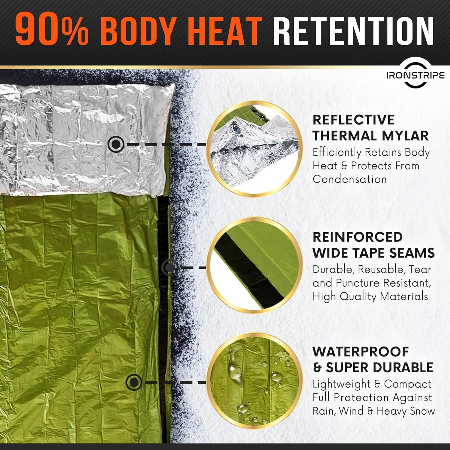 Ironstripe Bivy Sack XL Waterproof Survival Sleeping Bag with Emergency Whistle, Built-in Hood & Thermal Mylar - Tear & Puncture-Resistant