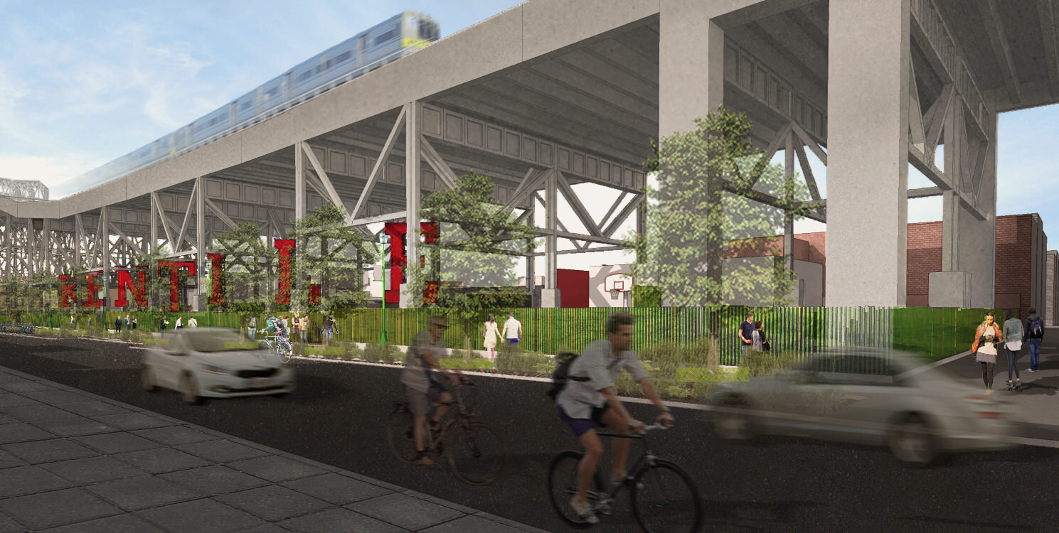 View along 10th Street with rain gardens in the foregound and 'KENTILE' letters in the background